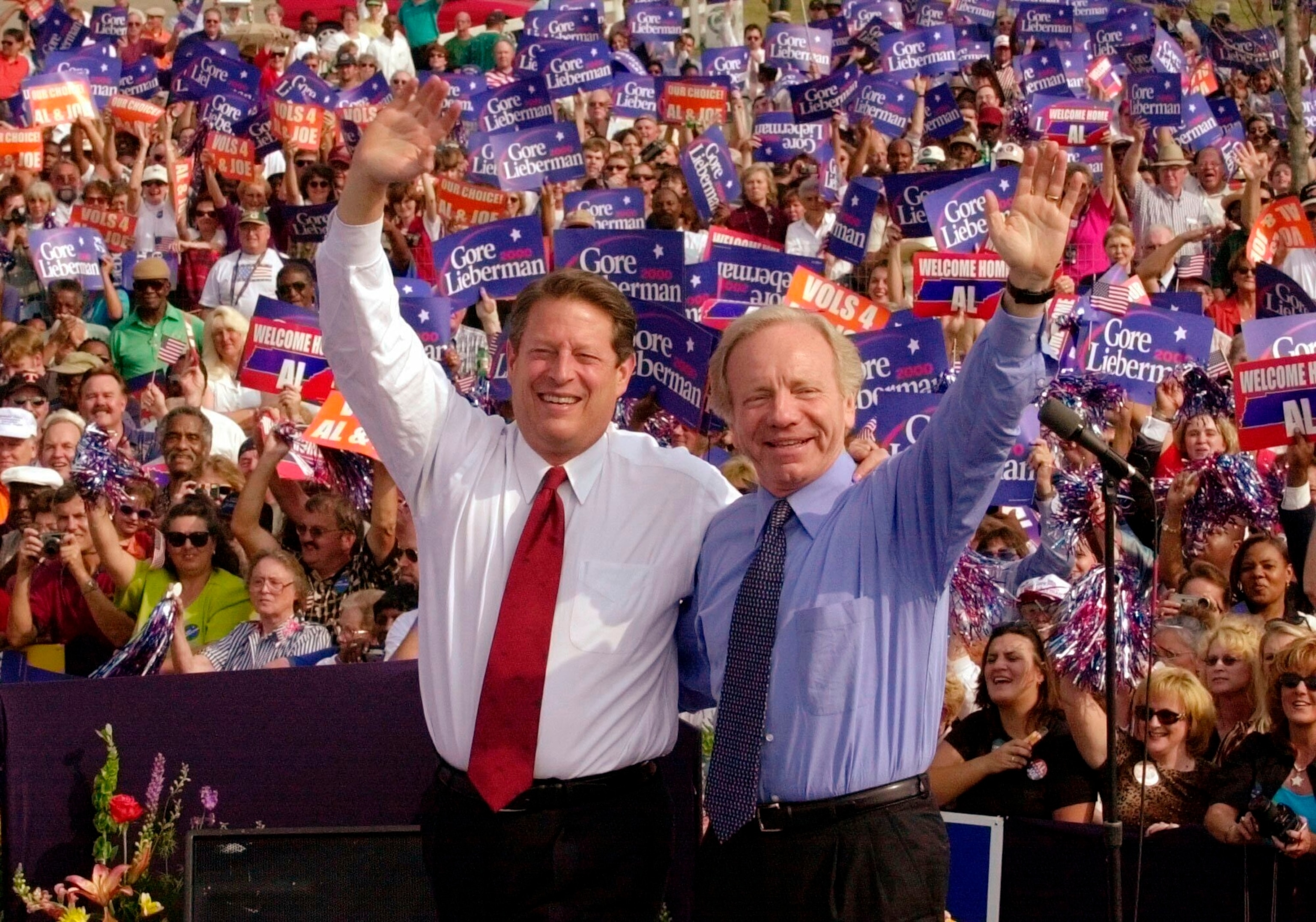 PHOTO: In this Oct. 25, 2000 file photo, Democratic presidential candidate Vice President Al Gore, left, and his running mate, vice presidential candidate Sen. Joe Lieberman wave to supporters at a campaign rally in Jackson, Tenn.