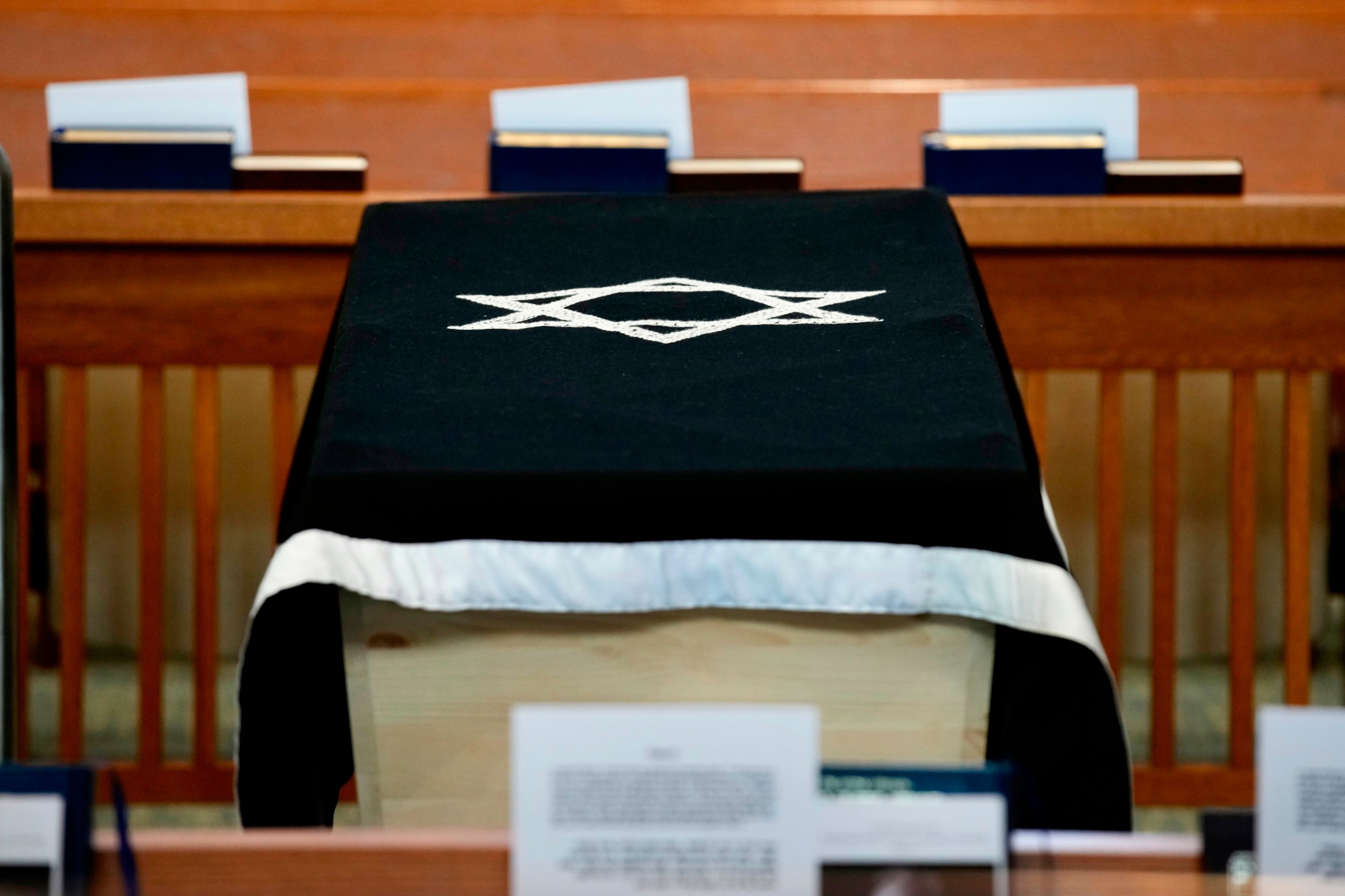 PHOTO: The casket of former Senator Joe Lieberman is shown in the sanctuary of Congregation Agudath Sholom, before his funeral in Stamford, Conn., March. 29, 2024. 