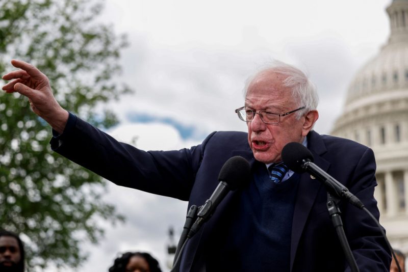 WASHINGTON, DC - MAY 04: Sen. Bernie Sanders (I-VT) speaks at a press conference on raising the federal minimum wage outside the U.S. Capitol Building May 04, 2023 in Washington, DC. During his remarks Sanders announced that he would be introducing a bill to raise the federal minimum wage to $17 an hour. (Photo by Anna Moneymaker/Getty Images)