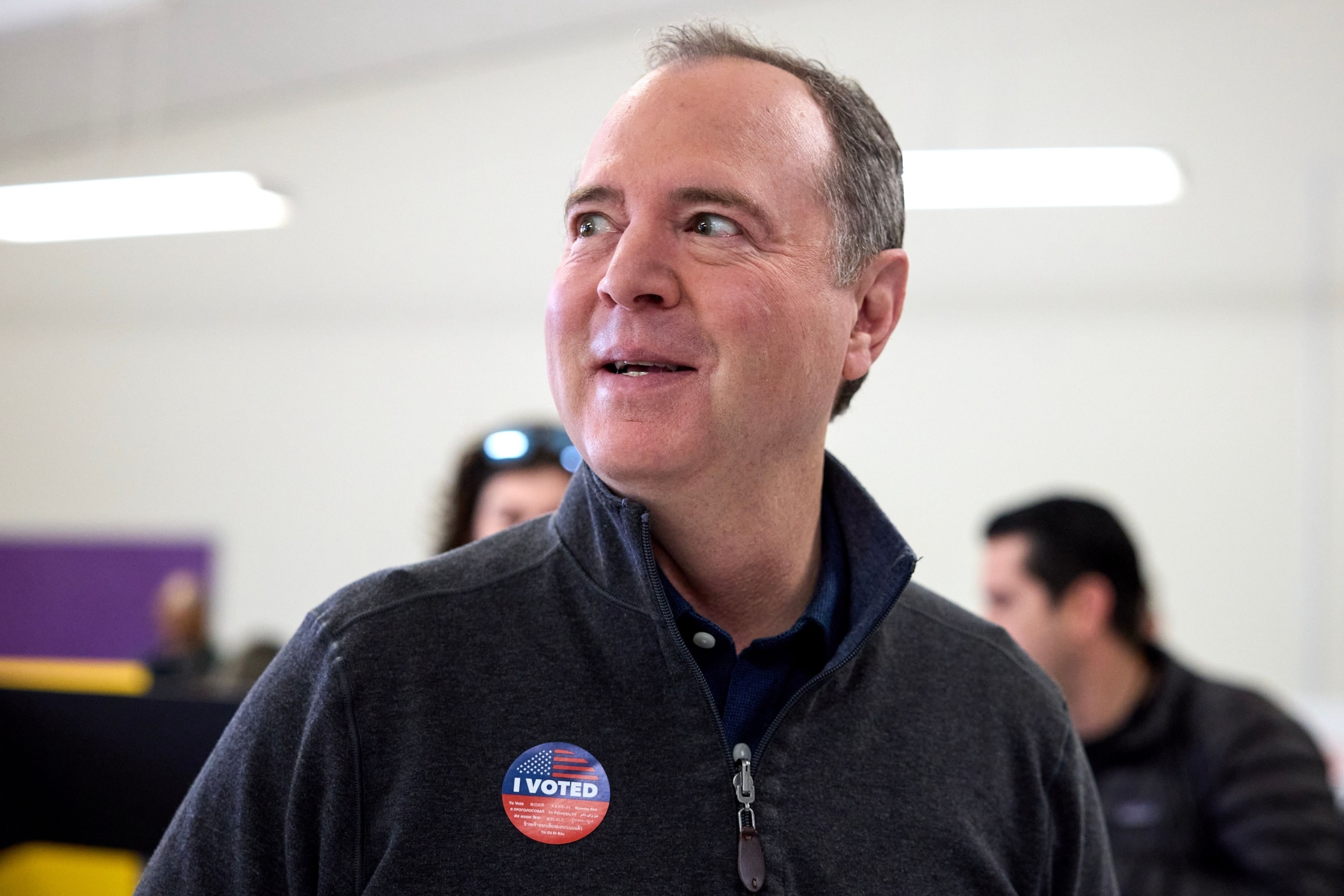 PHOTO: Democratic Senate candidate US Rep. Adam Schiff wears an 'I Voted' sticker after casting his vote in Burbank, Calif., Mar. 5, 2024. 