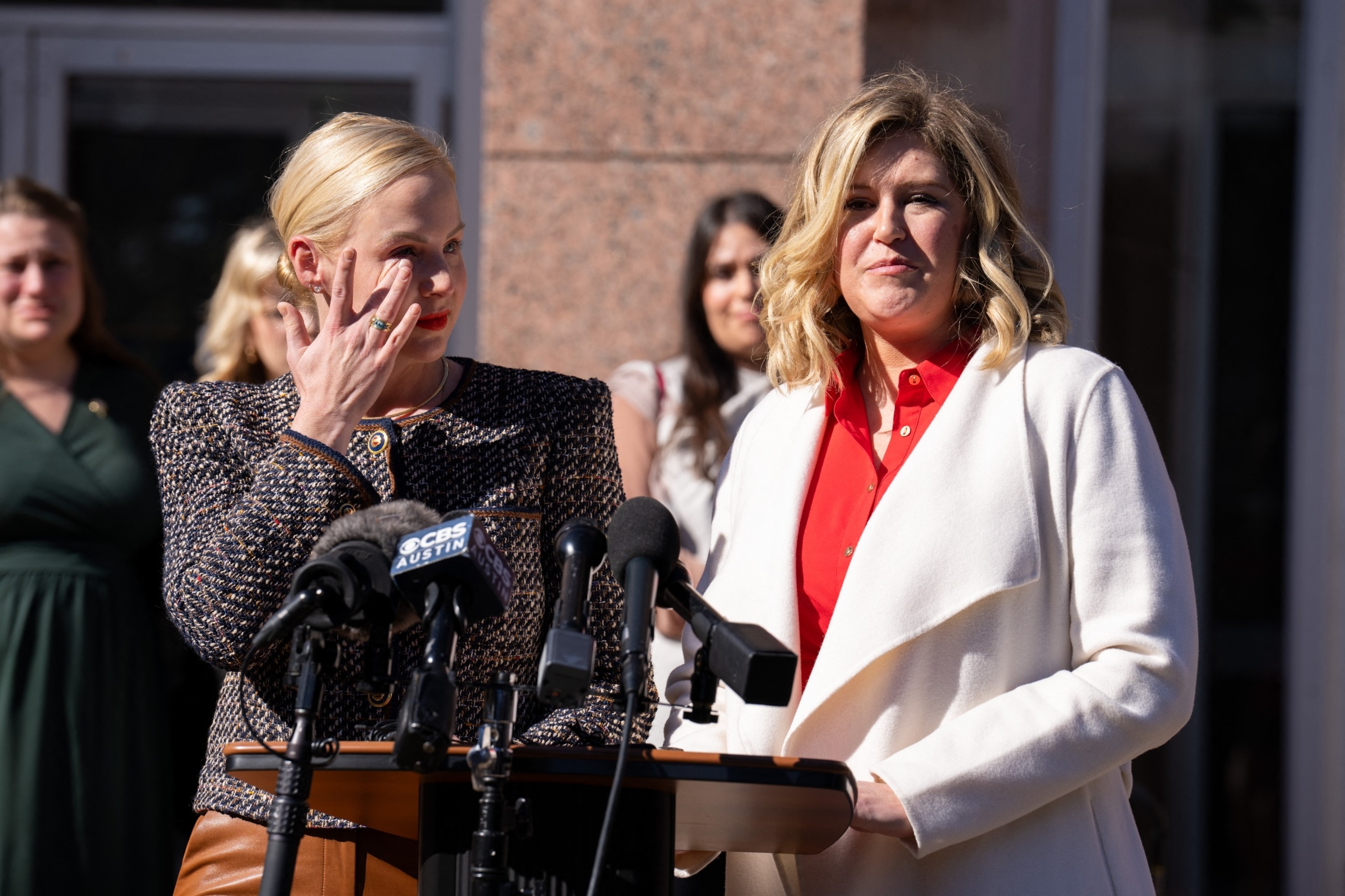 PHOTO: Dr. Austin Dennard gets emotional at a press conference during the Zurowski v. State of Texas, Austin, TX, Nov. 28, 2023. 