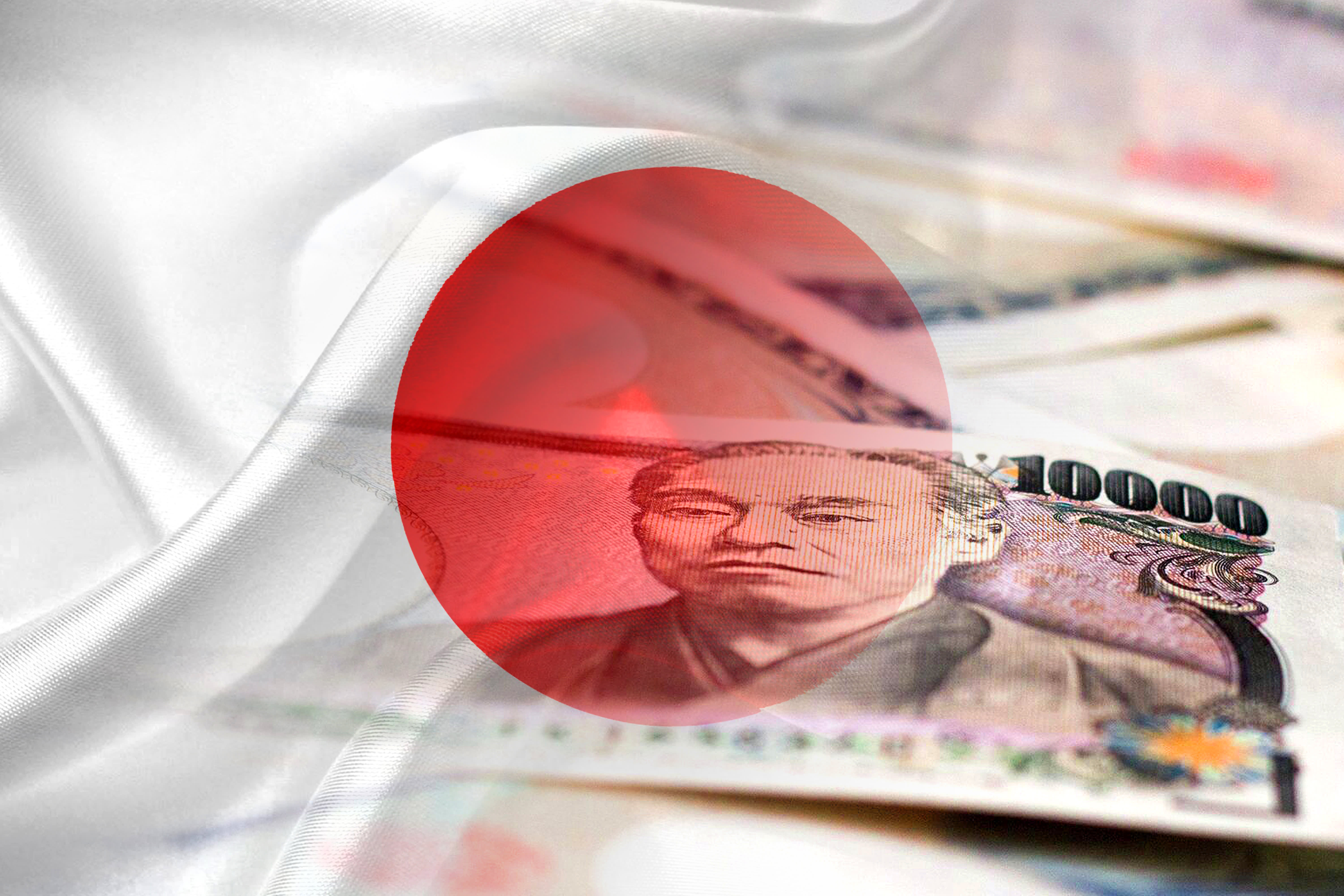 An editorial montage of the Japan flag and Japanese yen cash bank notes
