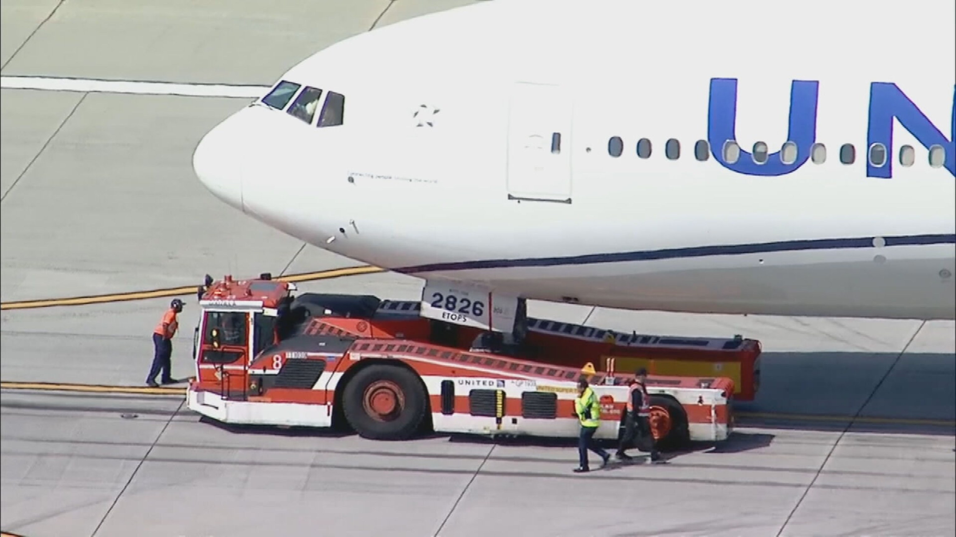 PHOTO: A United Airlines flight that lost a portion of its landing gear tire is diverted to Los Angeles International Airport, March 7, 2024.