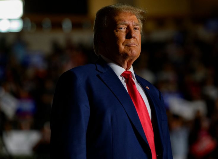 ERIE, PENNSYLVANIA - JULY 29: Former U.S. President Donald Trump enters Erie Insurance Arena for a political rally while campaigning for the GOP nomination in the 2024 election on July 29, 2023 in Erie, Pennsylvania. (Photo by Jeff Swensen/Getty Images)