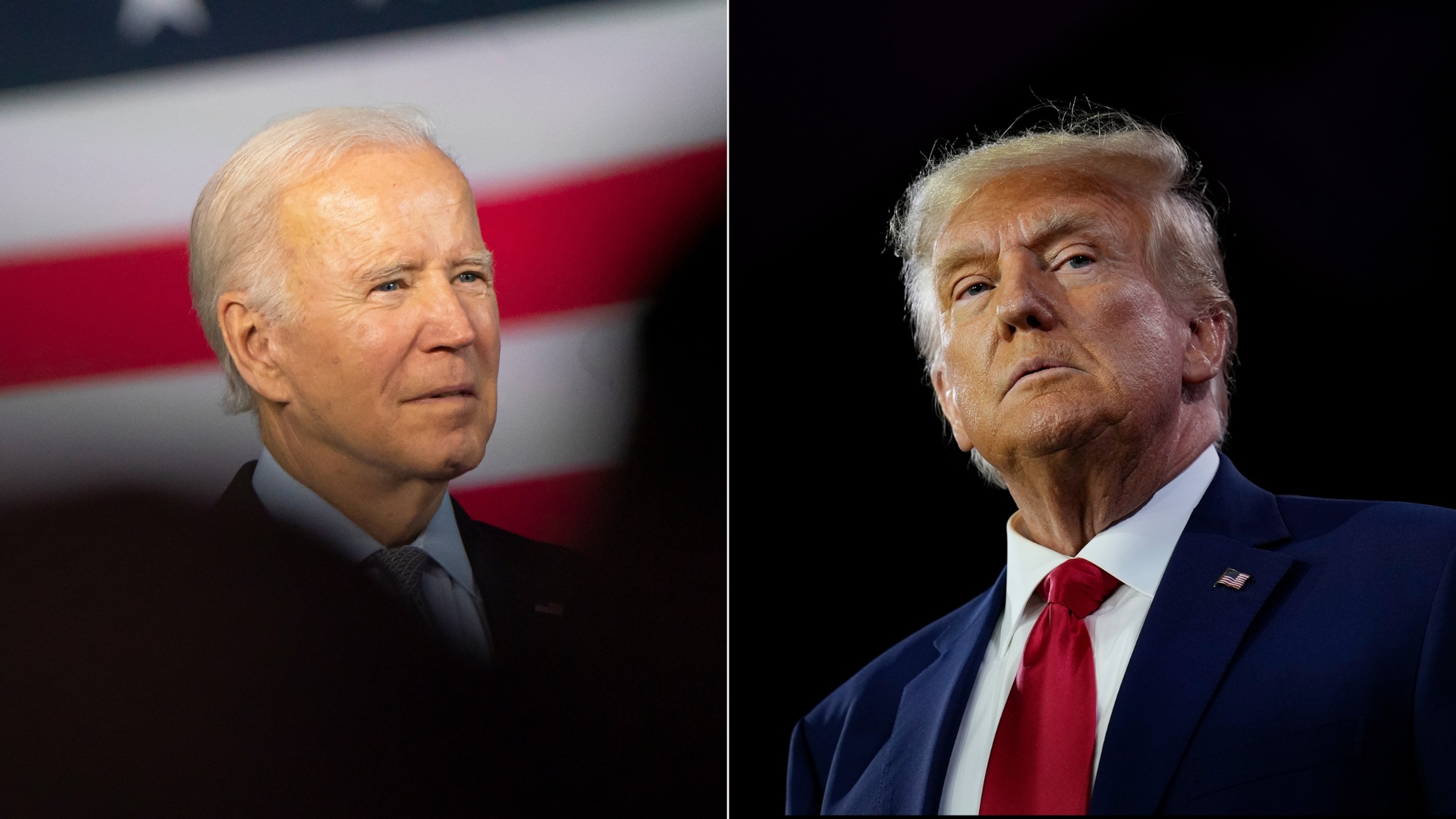 PHOTO: President Biden speaks at a campaign rally at Bowie State University on Nov. 7, 2022 in Bowie, Md., and Republican presidential candidate former President Trump at the Washington Hilton on June 24, 2023 in Washington, DC. 