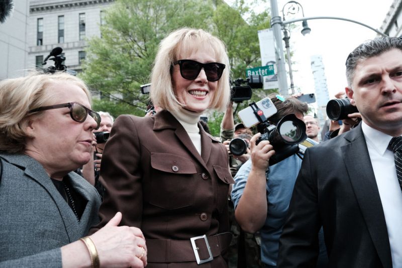 NEW YORK, NEW YORK - MAY 09: Writer E. Jean Carroll leaves a Manhattan court house after a jury found former President Donald Trump liable for sexually abusing her in a Manhattan department store in the 1990's on May 09, 2023 in New York City. The jury awarded her $5 million in damages for her battery and defamation claims. Carroll has testified that she was raped by former President Trump, giving details about the alleged attack in the mid-1990s. Trump had stated that the attack never happened and has denied meeting her. He did not taken the stand during the trial. (Photo by Spencer Platt/Getty Images)