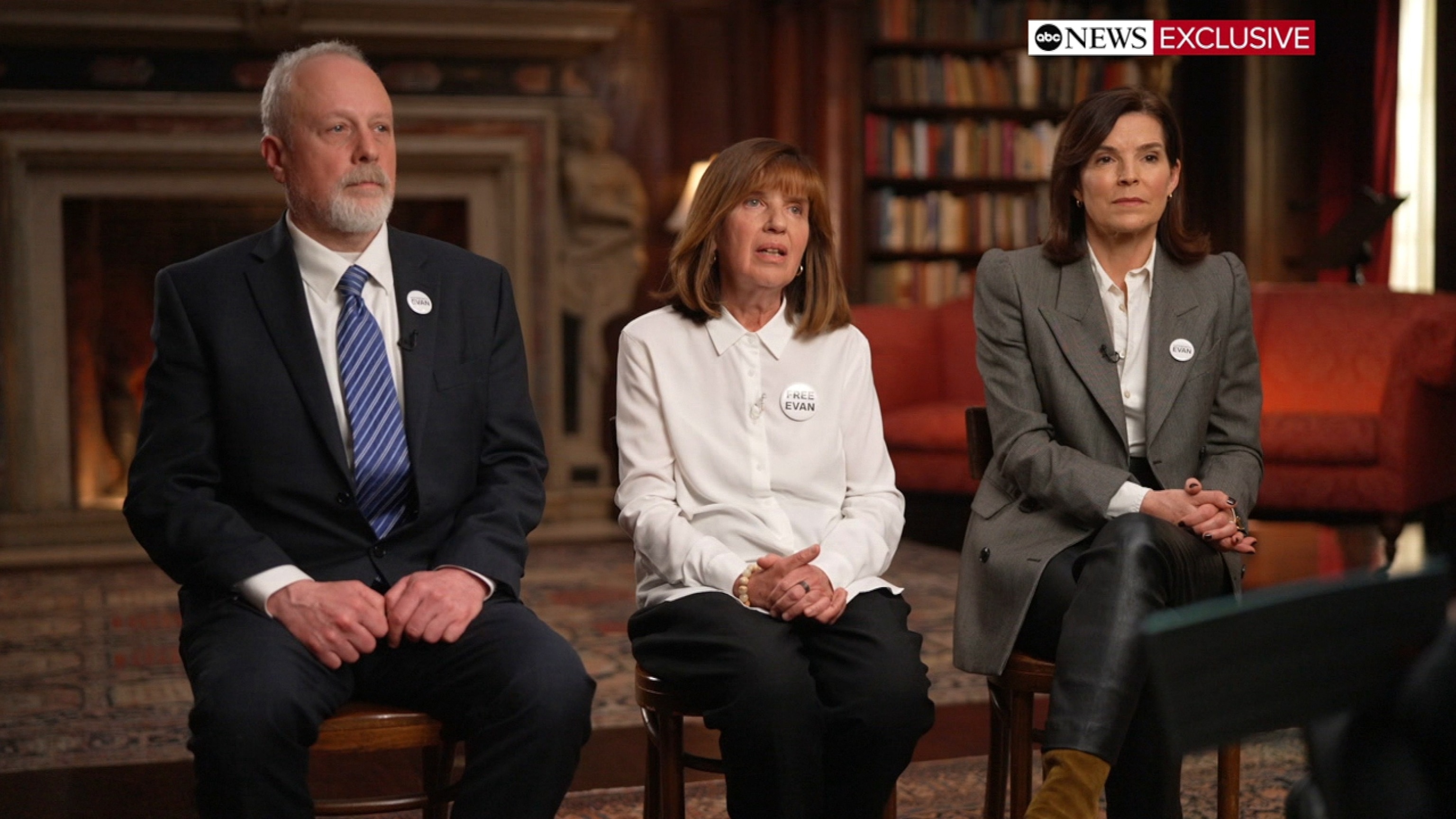 PHOTO: Mikhail Gershkovich and Ella Milman, parents of detained Wall Street Journal reporter Evan Gershkovich as well as Emma Tucker, Editor-in-Chief of The Wall Street Journal speak with George Stephanopoulos during an interview with ABC News.