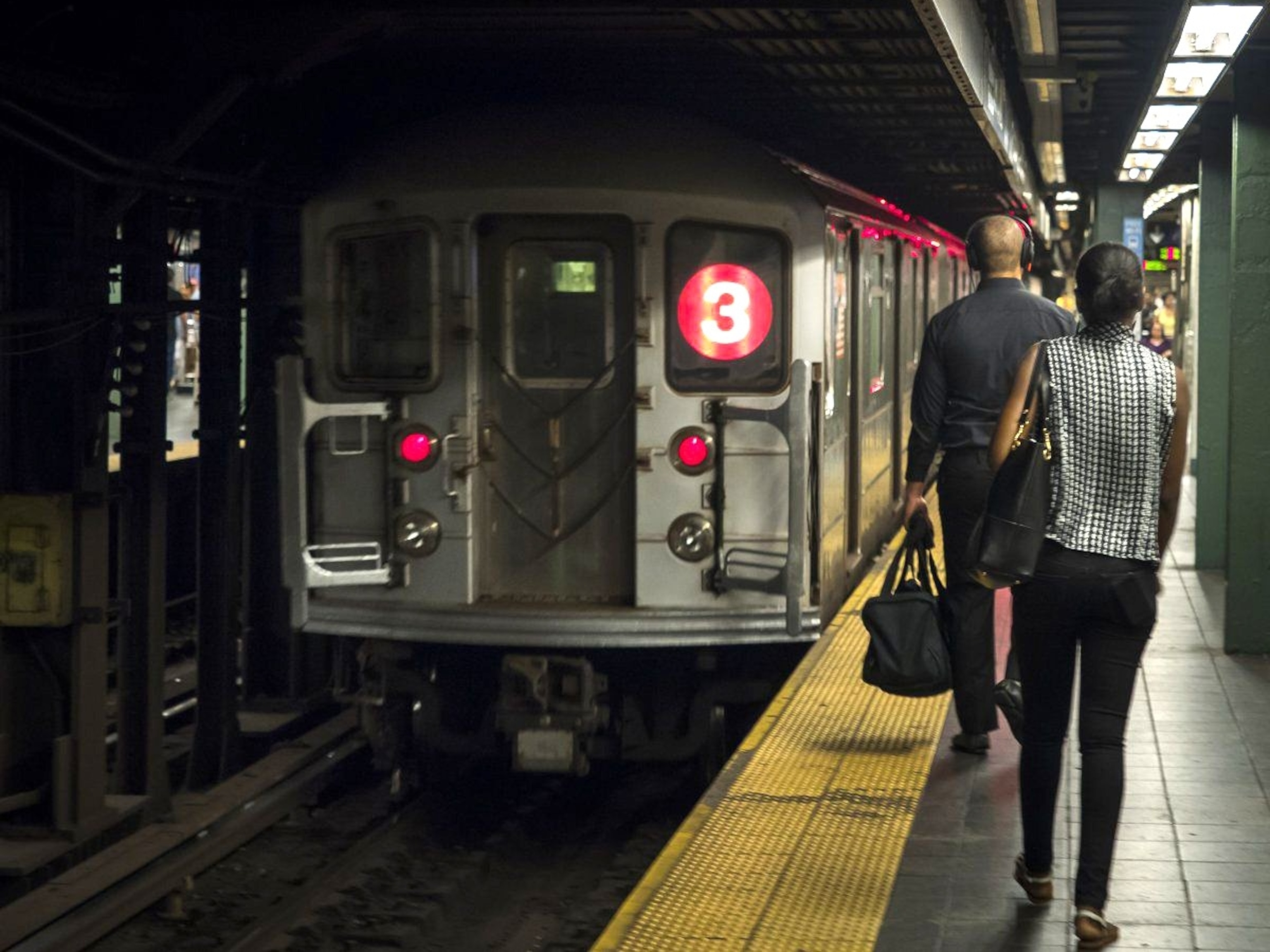 PHOTO: In this May 15, 2021, file photo, a 3 train pulls into a subway station in New York.