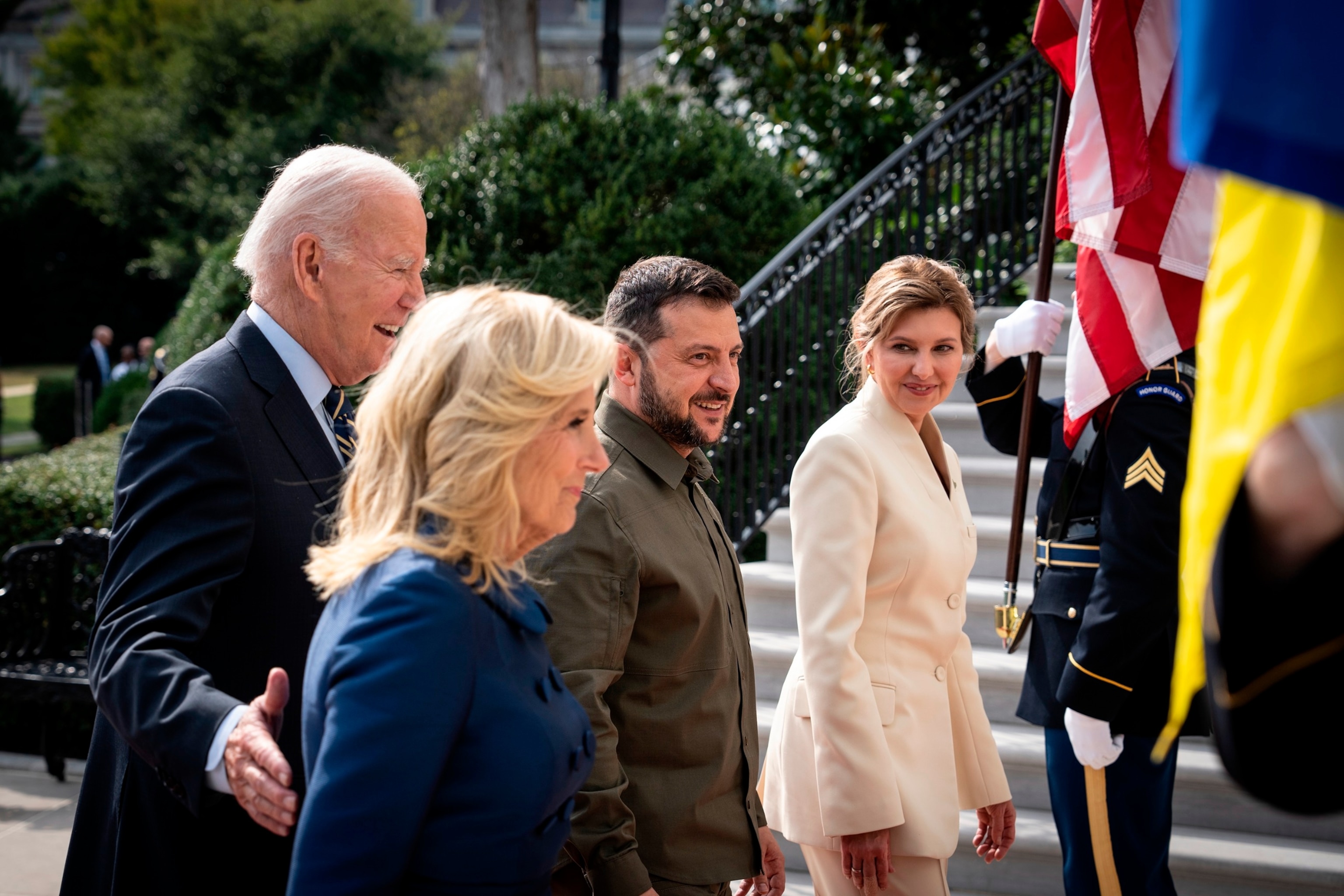 PHOTO: In this Sept. 21, 2023, file photo, President Joe Biden and first lady Jill Biden welcome President of Ukraine Volodymyr Zelensky and his wife Olena Zelenska to the White House in Washington, D.C.