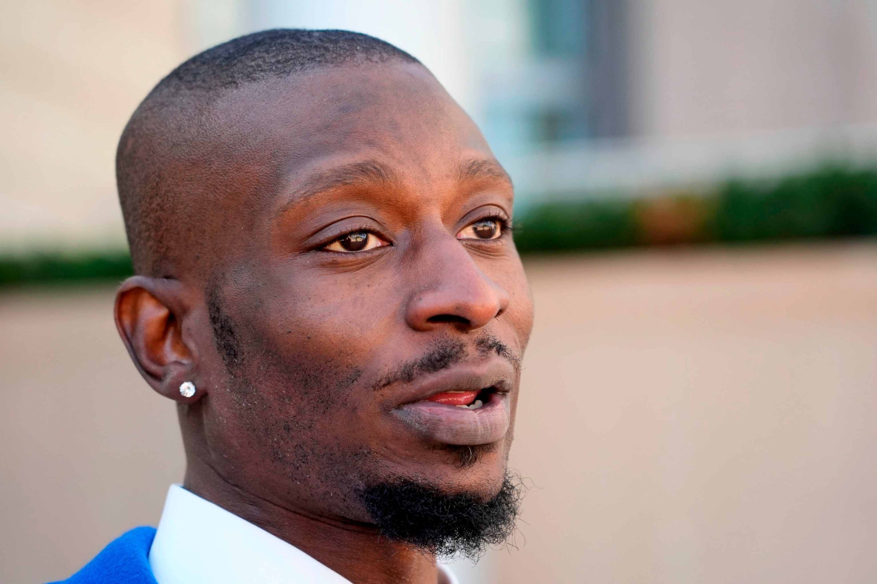 PHOTO: Michael Corey Jenkins speaks outside the federal courthouse in Jackson, Miss., March 19, 2024.