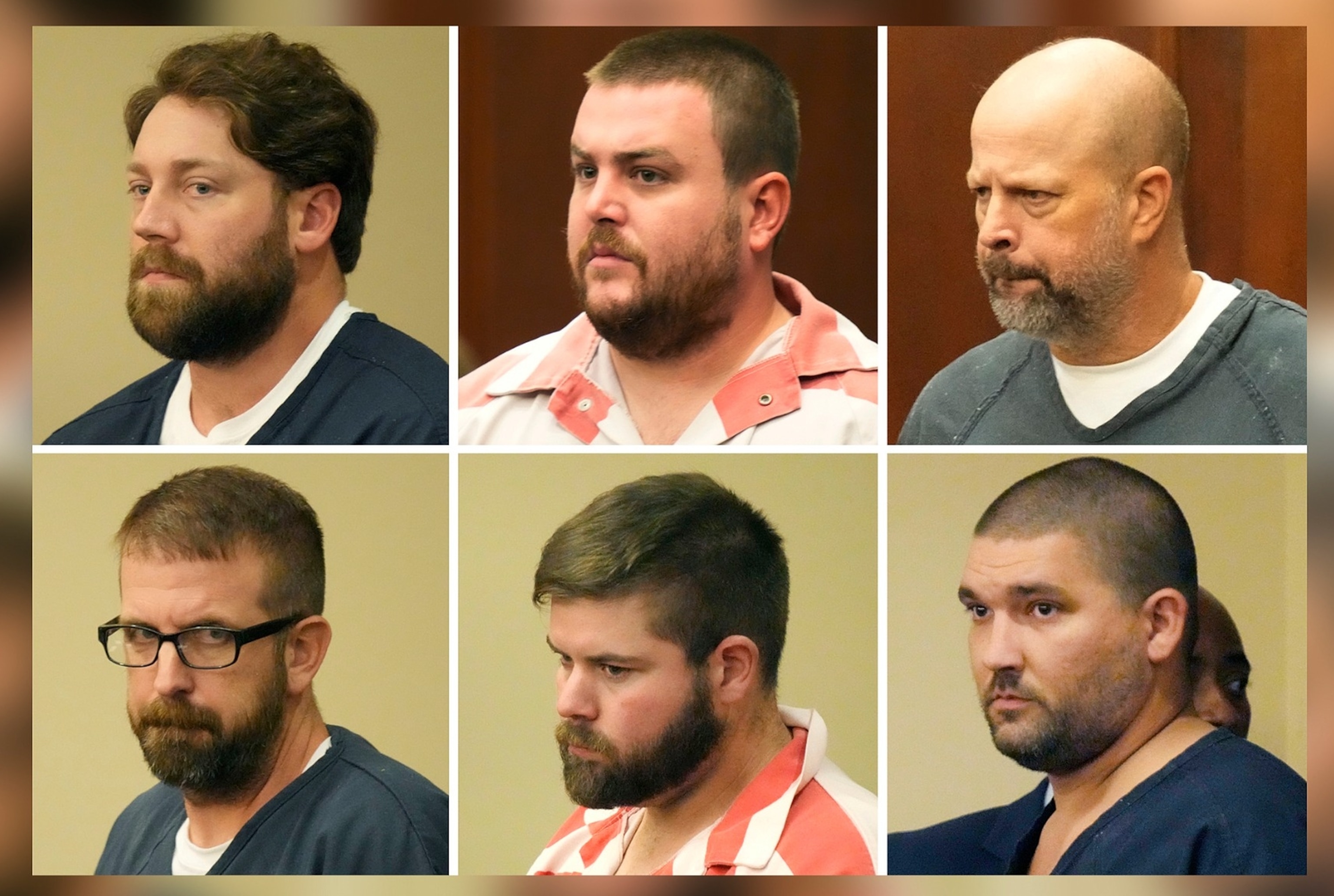 PHOTO: Former Rankin County sheriff's deputies Hunter Elward, Christian Dedmon, Brett McAlpin, Jeffrey Middleton, Daniel Opdyke and former police officer Joshua Hartfield appearing at the Rankin County Circuit Court in Brandon, Miss., Aug. 14, 2023. 