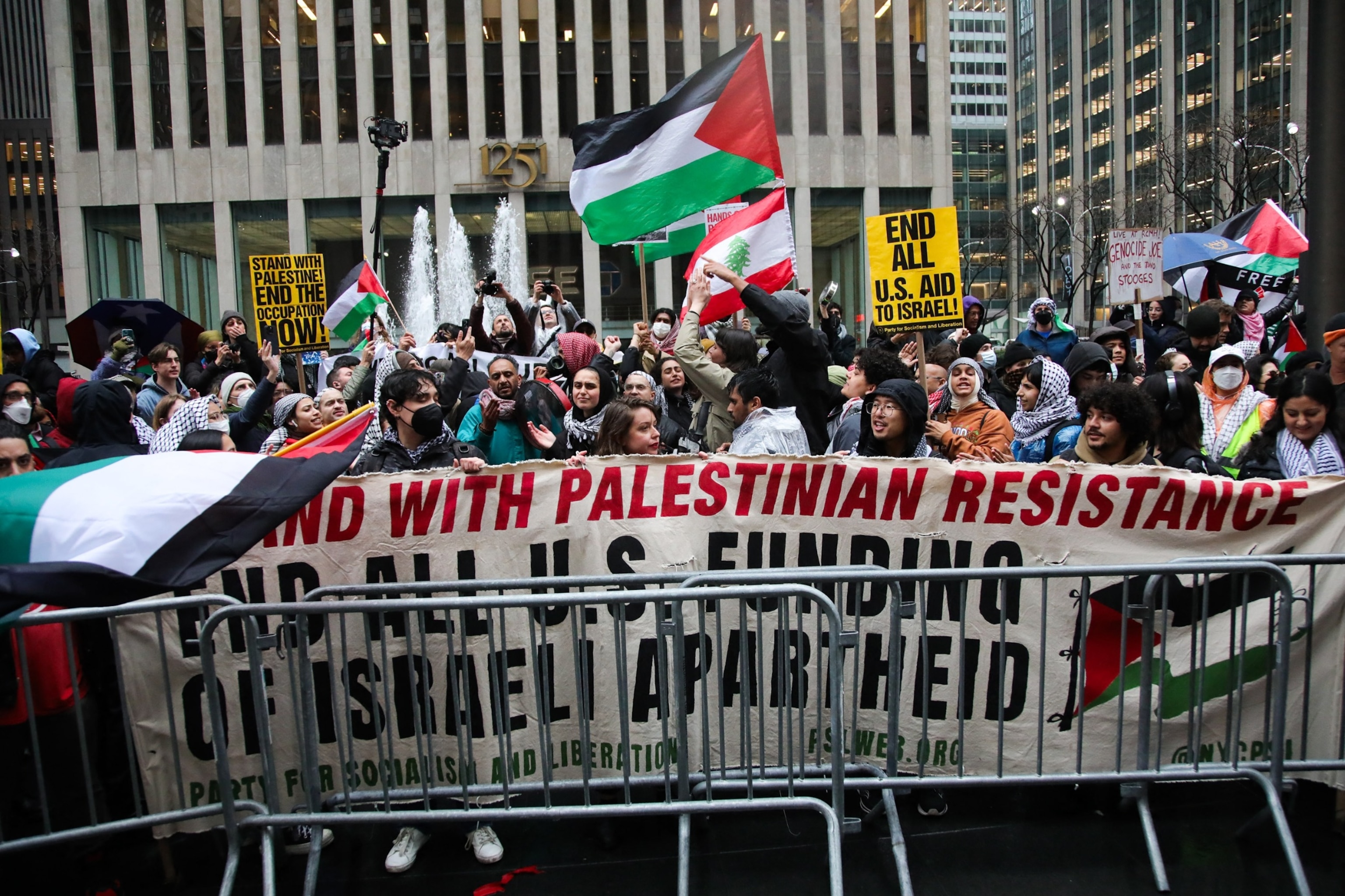 PHOTO: Pro-Palestinian protesters gather outside Radio City Music Hall ahead of a fundraiser for President Joe Biden, on March 28, 2024, in New York.