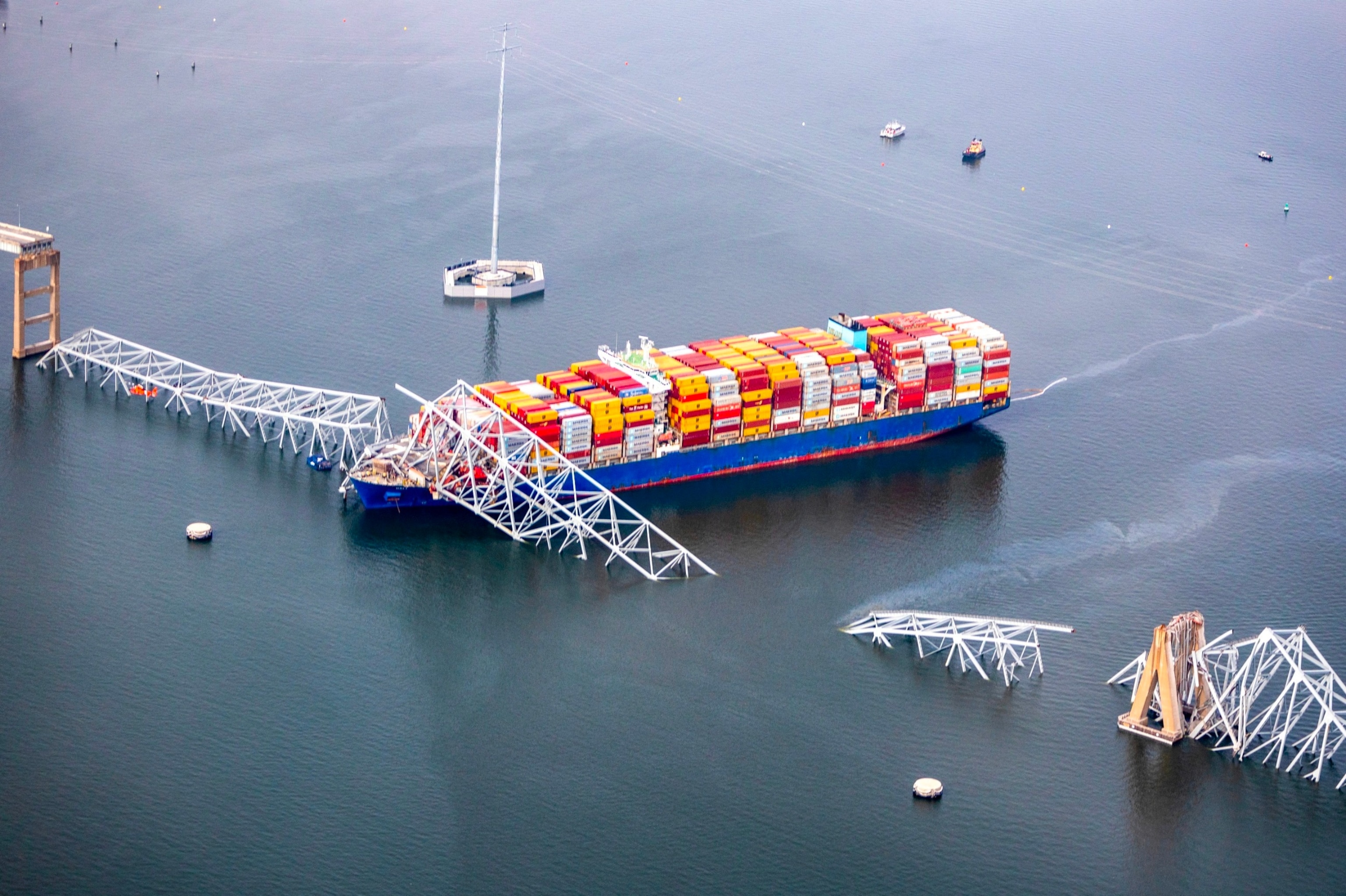 PHOTO: In an aerial view, cargo ship Dali is seen after running into and collapsing the Francis Scott Key Bridge, Mar. 26, 2024 in Baltimore.
