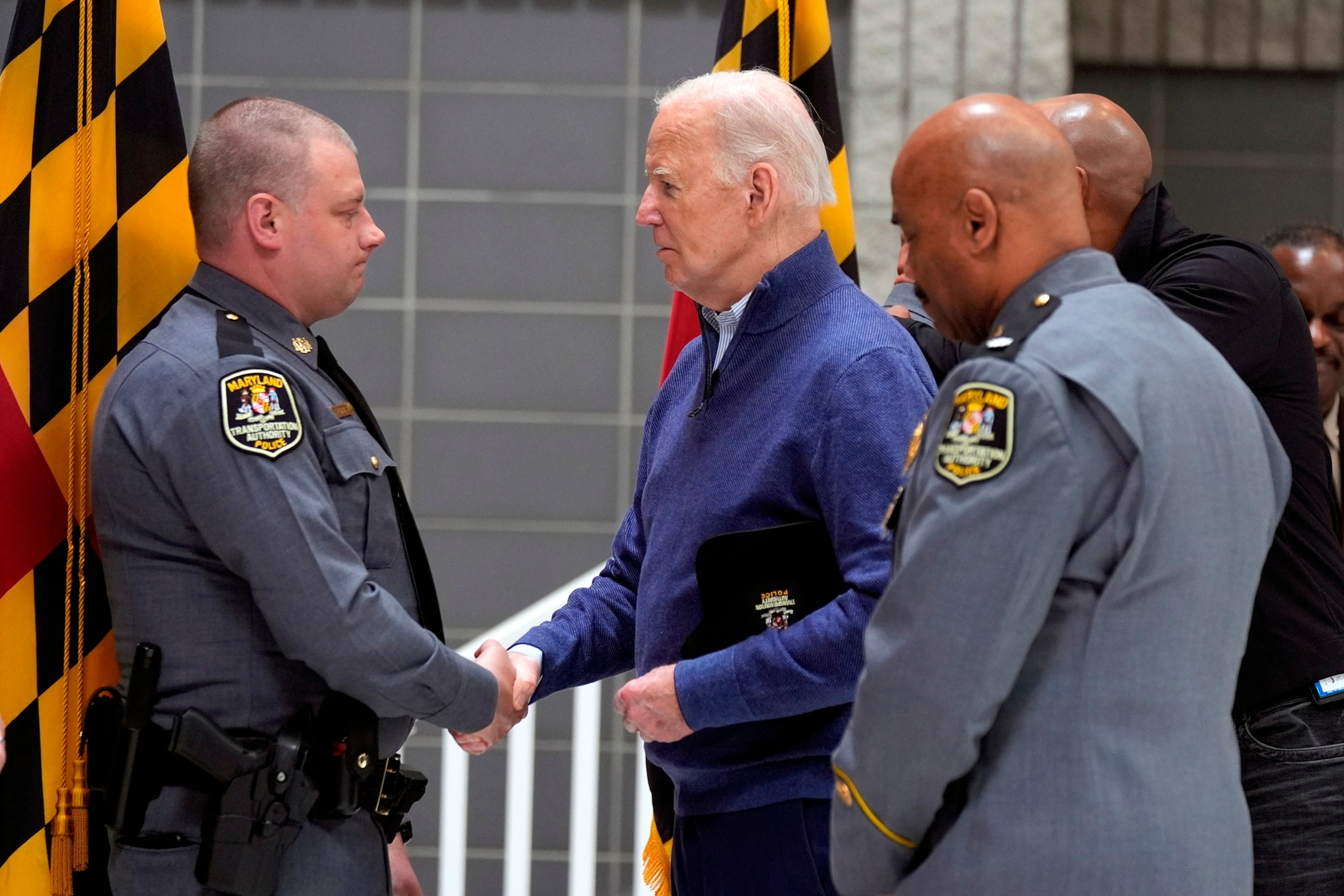 PHOTO: President Joe Biden thanks first responders for their efforts during the collapse of the Francis Scott Key Bridge, on April 5, 202,4 in Dundalk, Md. 