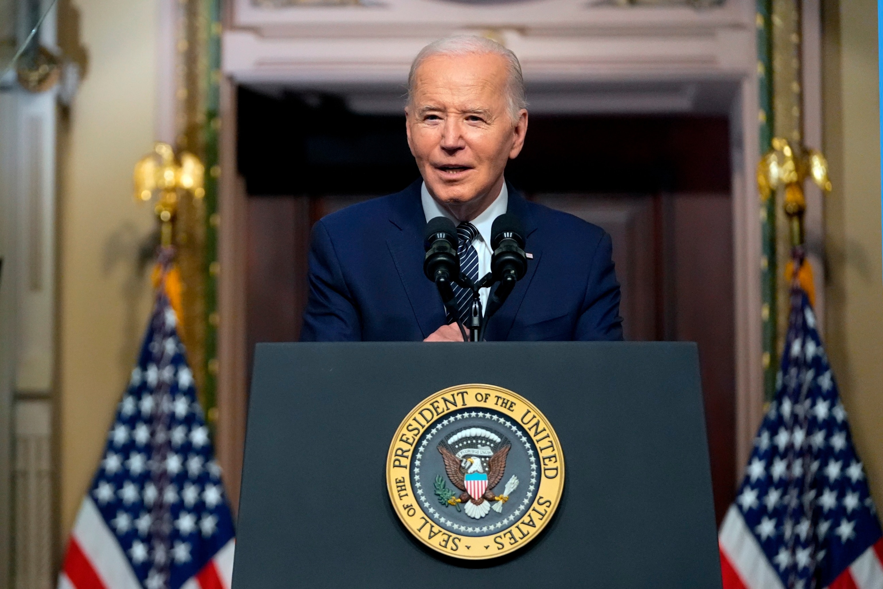 PHOTO: President Joe Biden speaks about lowering health care costs in the Indian Treaty Room at the Eisenhower Executive Office Building on the White House complex, April 3, 2024, in Washington.