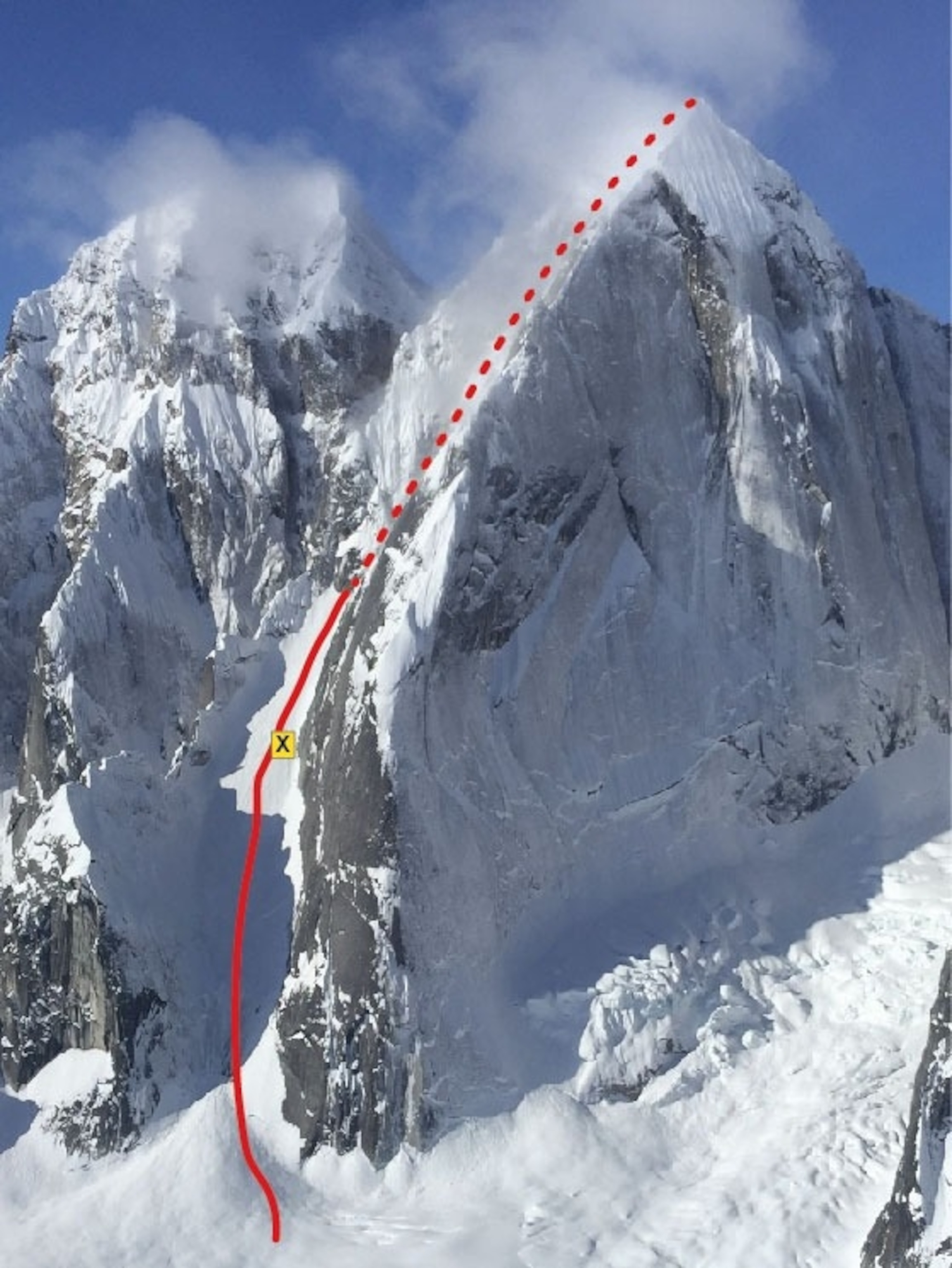 PHOTO: The "Escalator" route on Mt. Johnson, Denali National Park and Preserve. The X indicates the approximate location of the rescue of the surviving climbing partner.