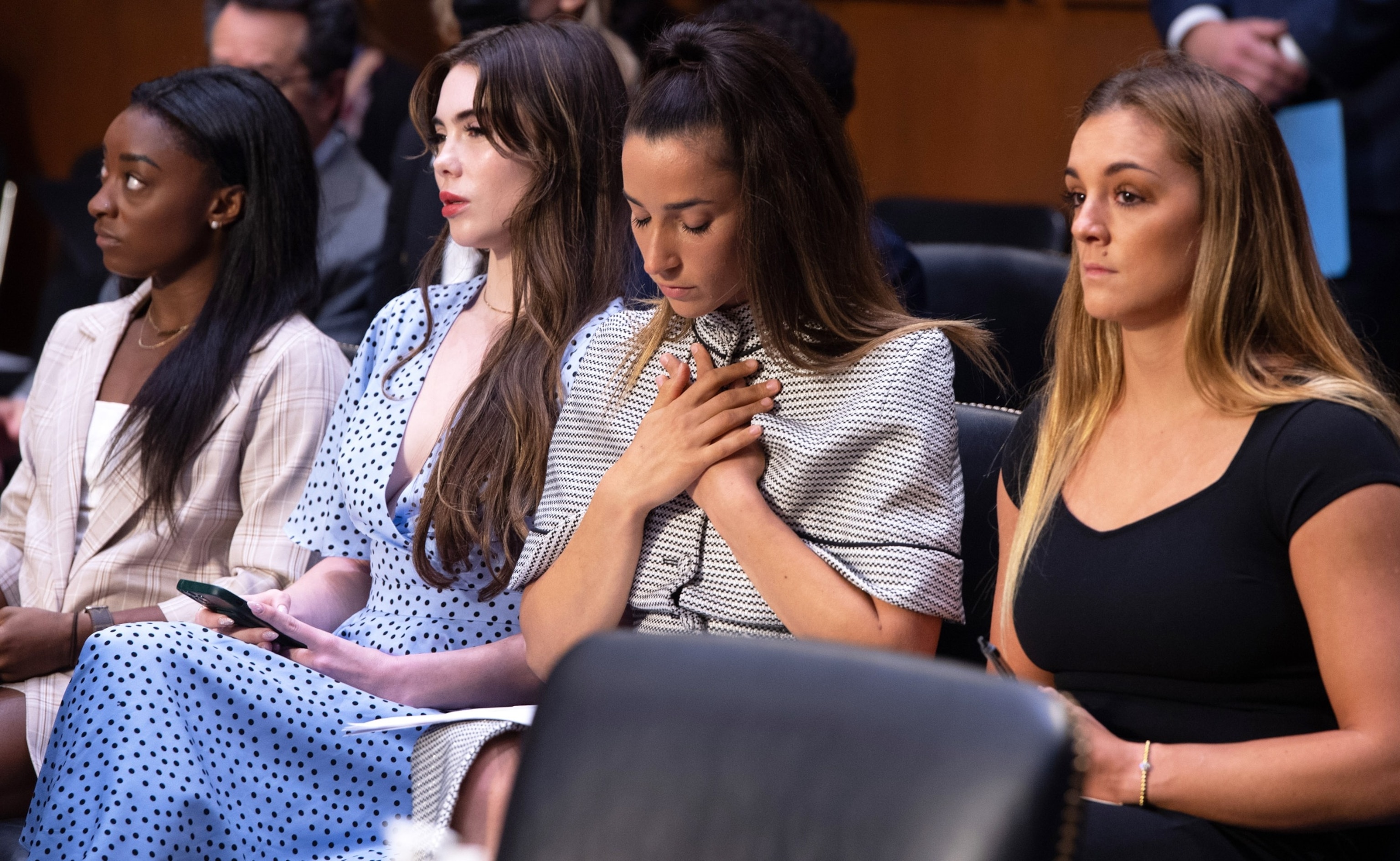 PHOTO: In this Sept. 15, 2021, file photo, Simone Biles, McKayla Maroney, Aly Raisman and Maggie Nichols arrive to testify during a Senate Judiciary hearing, on Capitol Hill, in Washington, D.C.