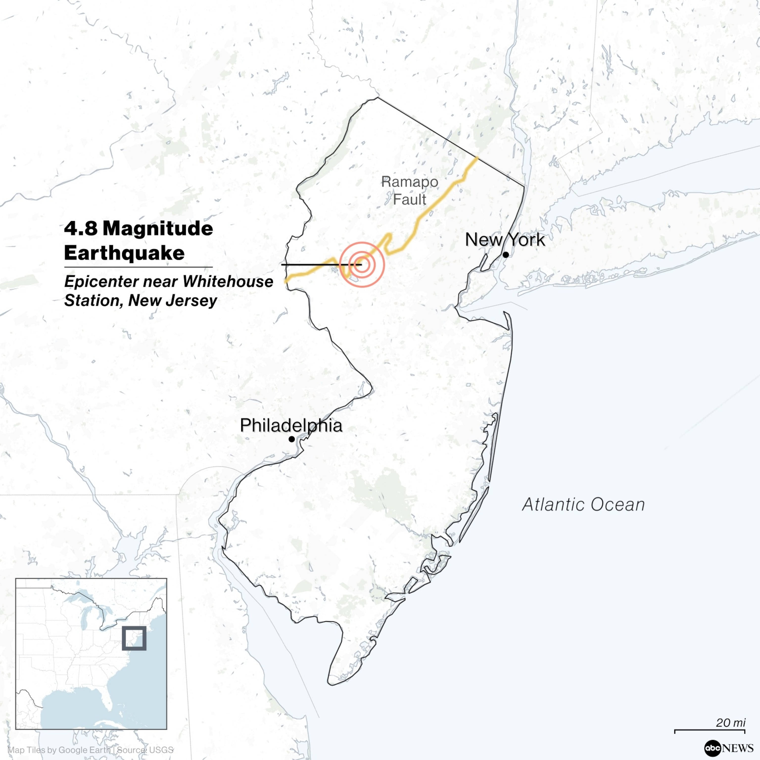 MAP ILLUSTRATION: 4.8 Magnitude Earthquake Apr. 5, 2024 near Whitehouse Station, NJ