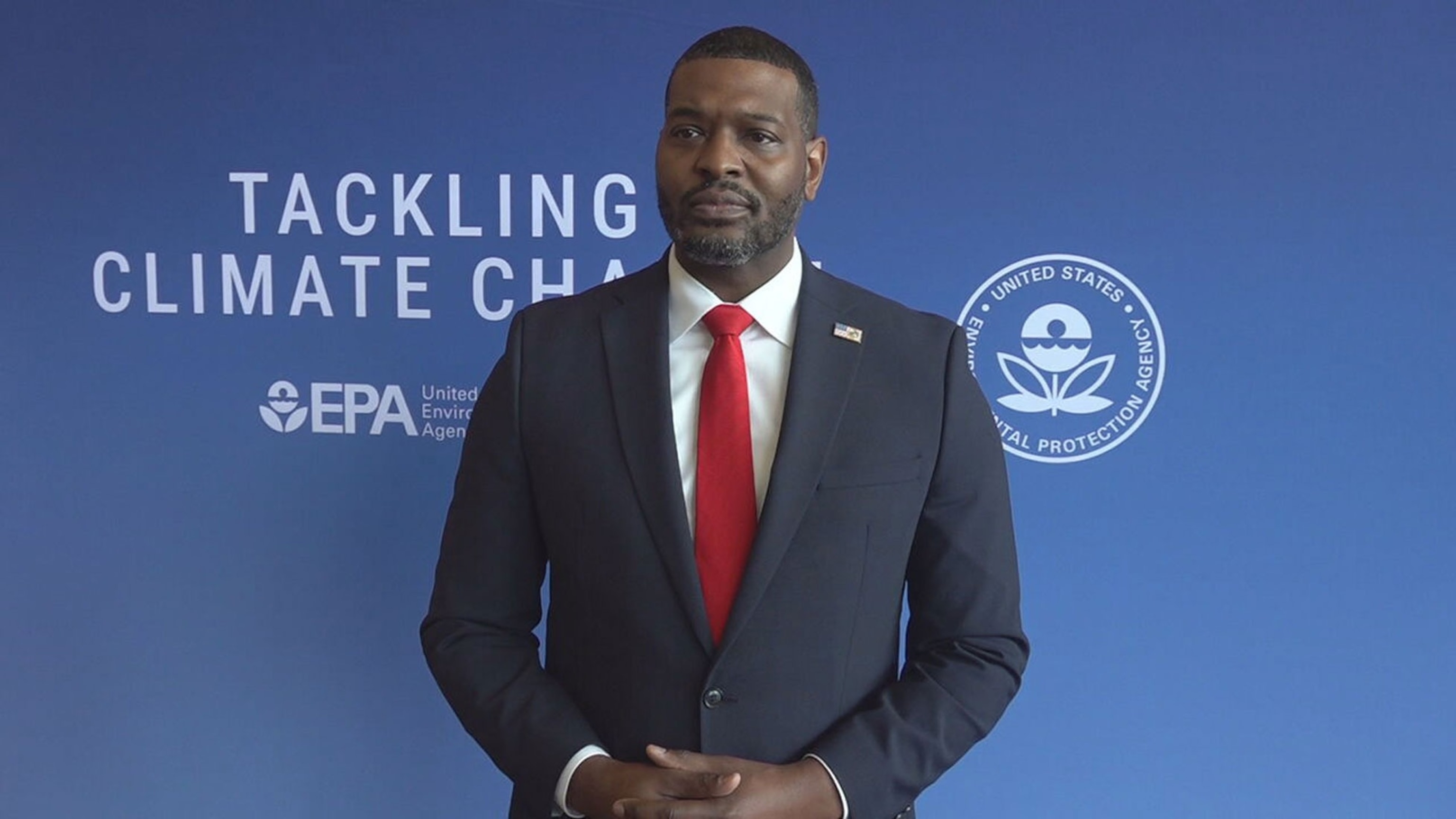 PHOTO: EPA Administrator Michael Regan takes questions from ABC News after a press conference for the agency's new power plant pollution rules at Howard University in Washington, D.C. on April 25, 2024. 