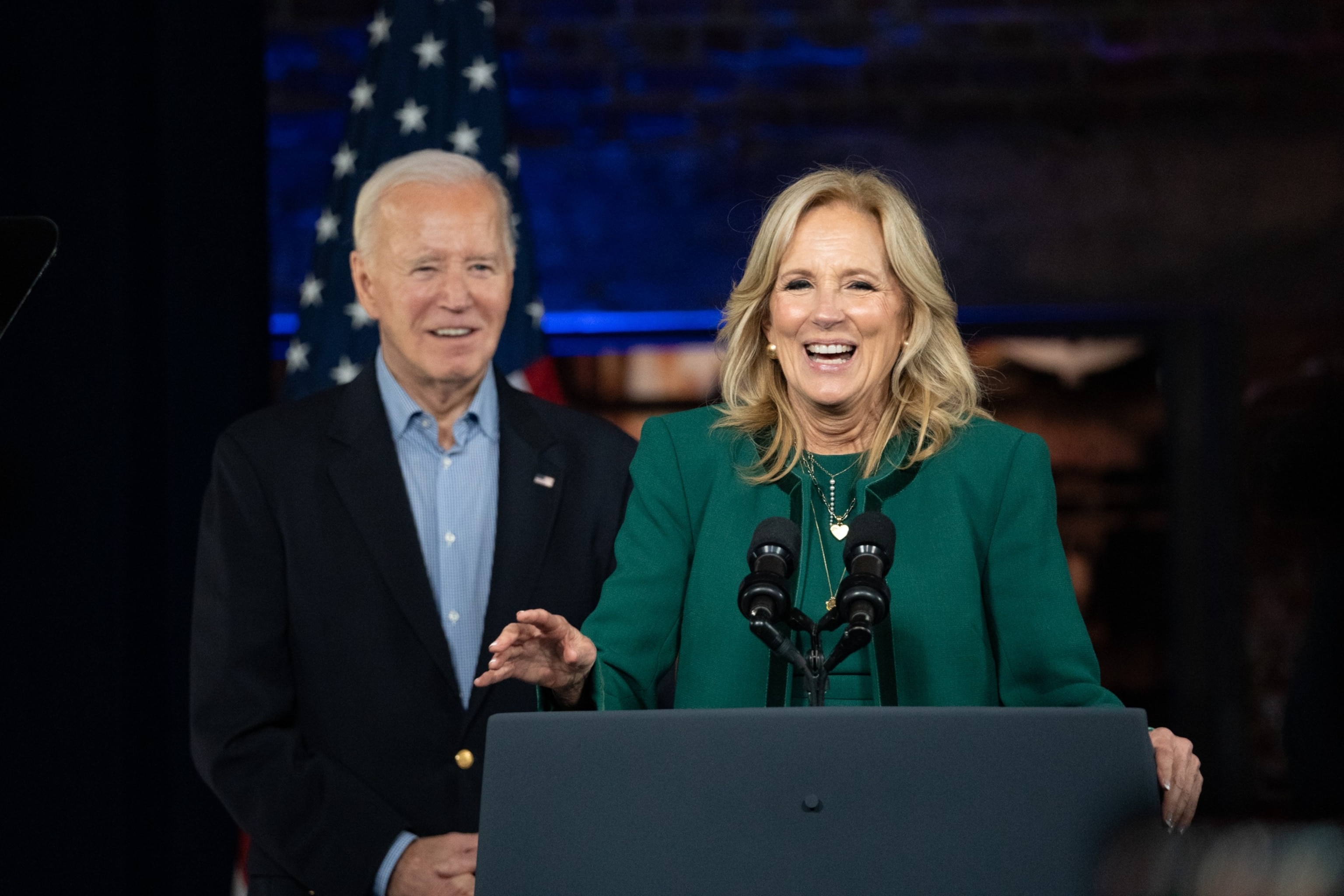 PHOTO: President Joe Biden listens as First Lady Dr. Jill Biden speaks at a campaign event at Pullman Yards, March 9, 2024, in Atlanta.