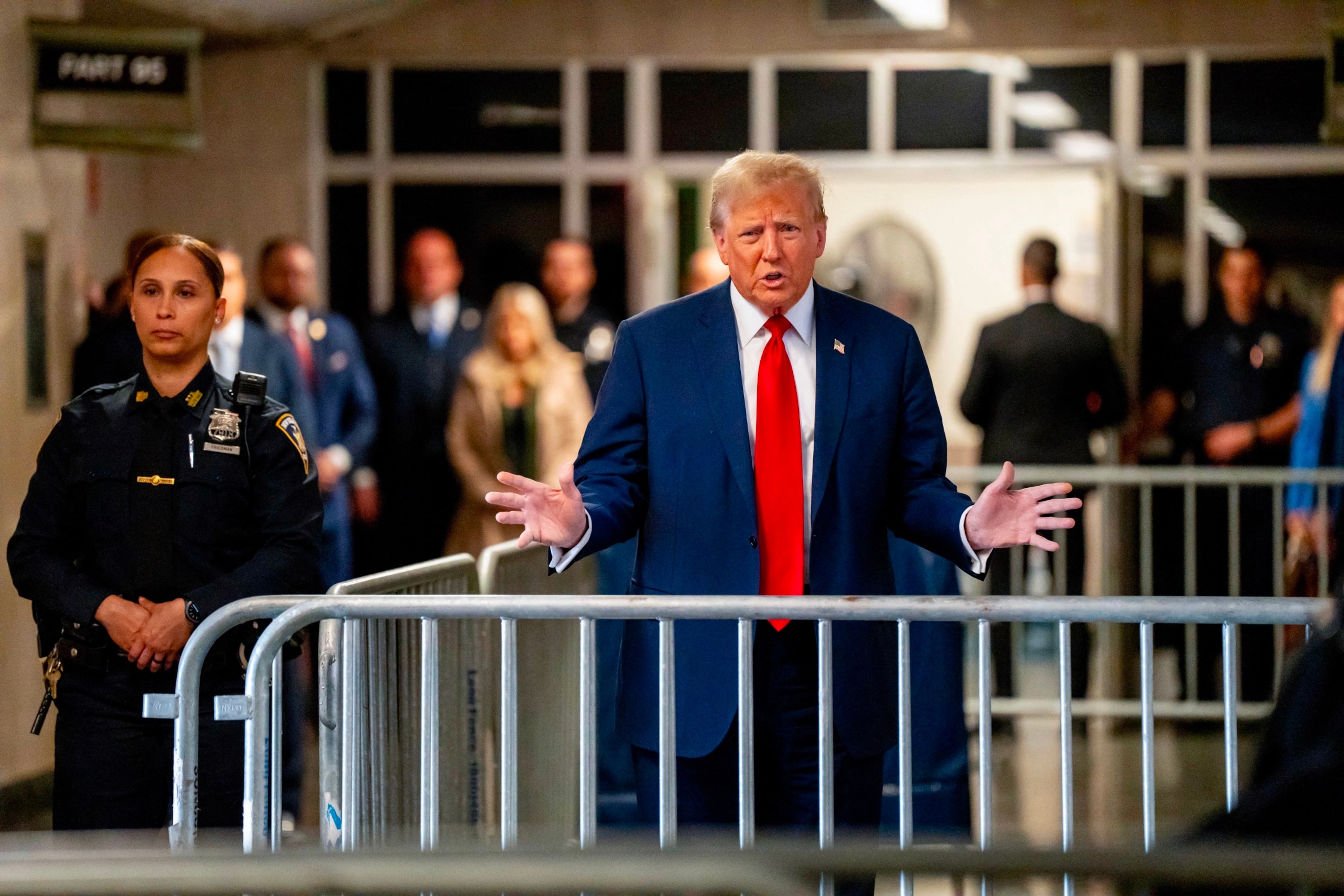 PHOTO: Former President Donald Trump speaks to the press as he arrives for his trial for allegedly covering up hush money payments linked to extramarital affairs, at Manhattan Criminal Court in New York City, Apr. 25, 2024.