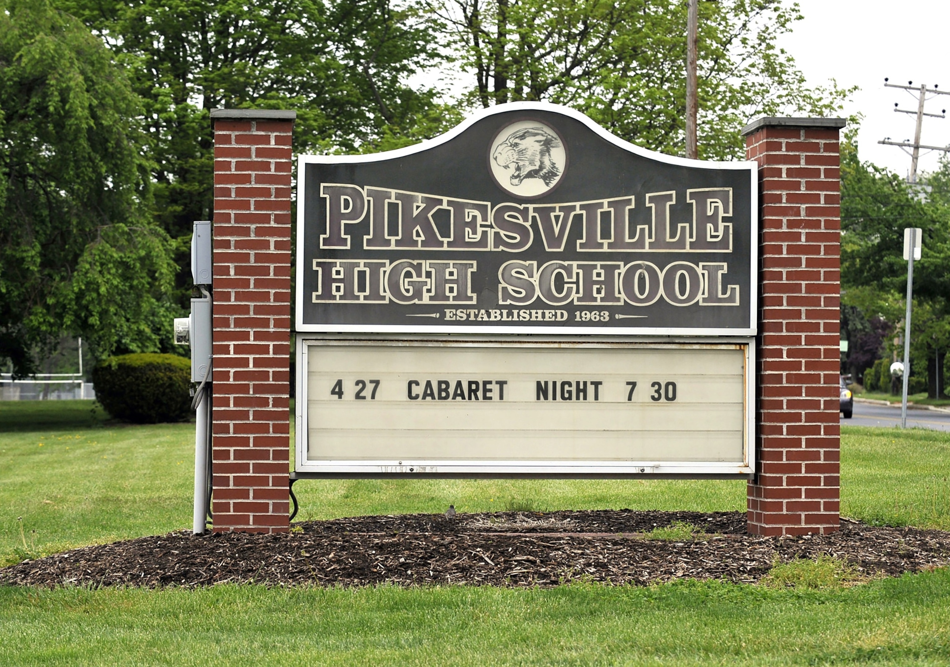 PHOTO: In this Jan. 30, 2024, file photo, the sign for Pikesville High School is shown in Pikesville, Maryland.