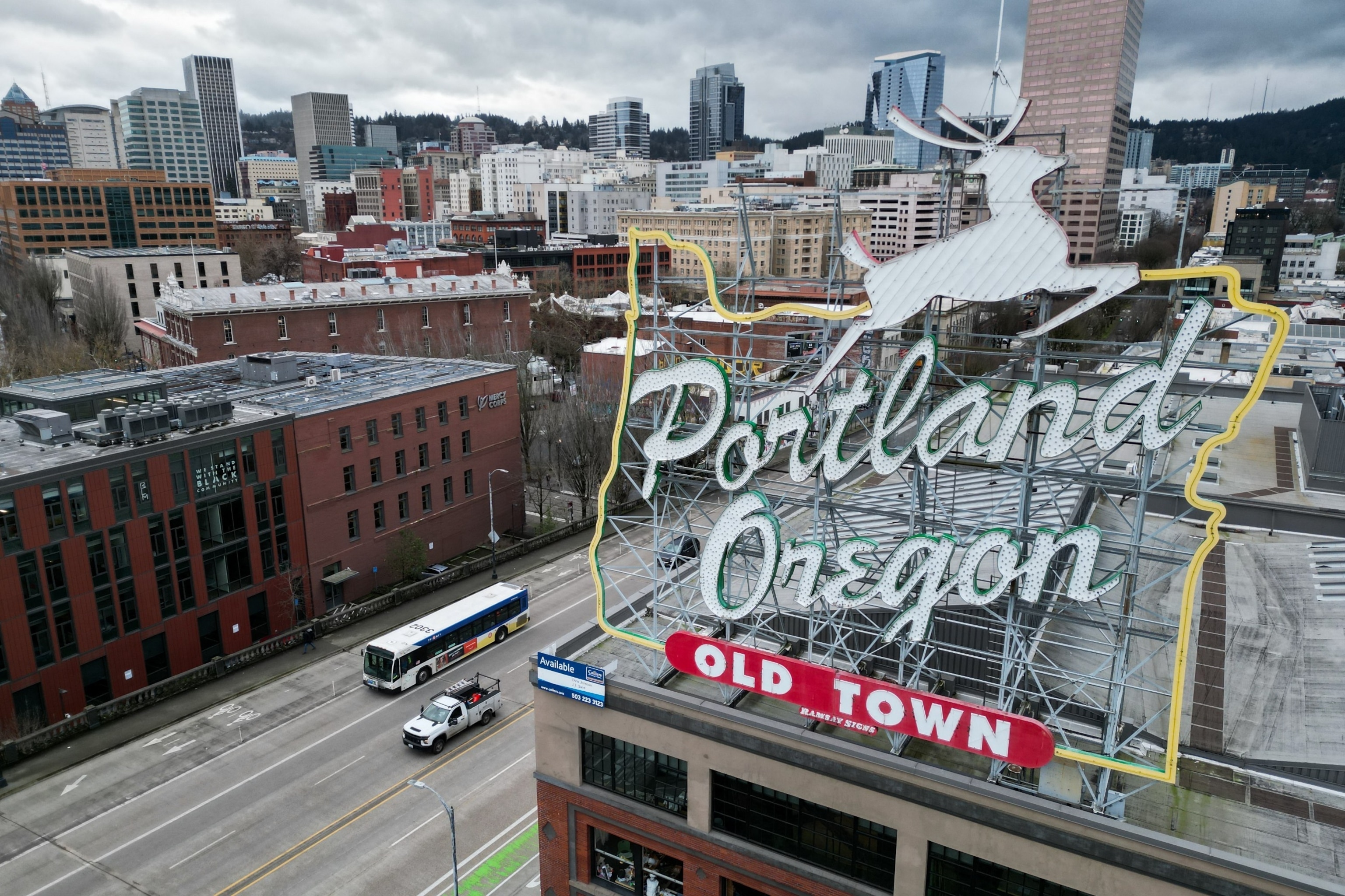 PHOTO: An aerial image shows the White Stag neon sign as vehicles cross the Willamette River in downtown Portland, Oregon, Jan. 25, 2024.