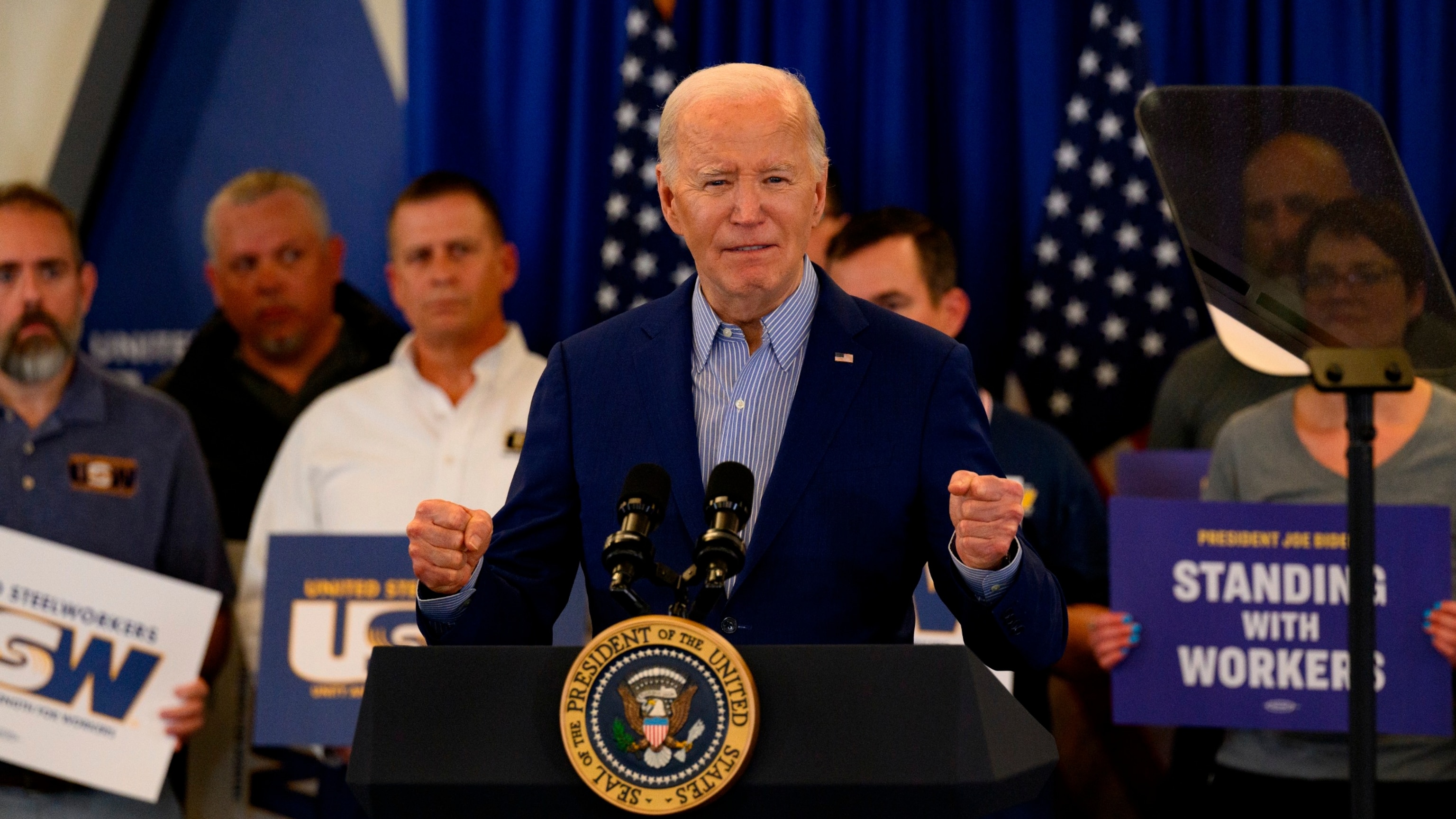 PHOTO: President Joe Biden speaks to members of the United Steel Workers Union at the United Steel Workers Headquarters, April 17, 2024, in Pittsburgh.