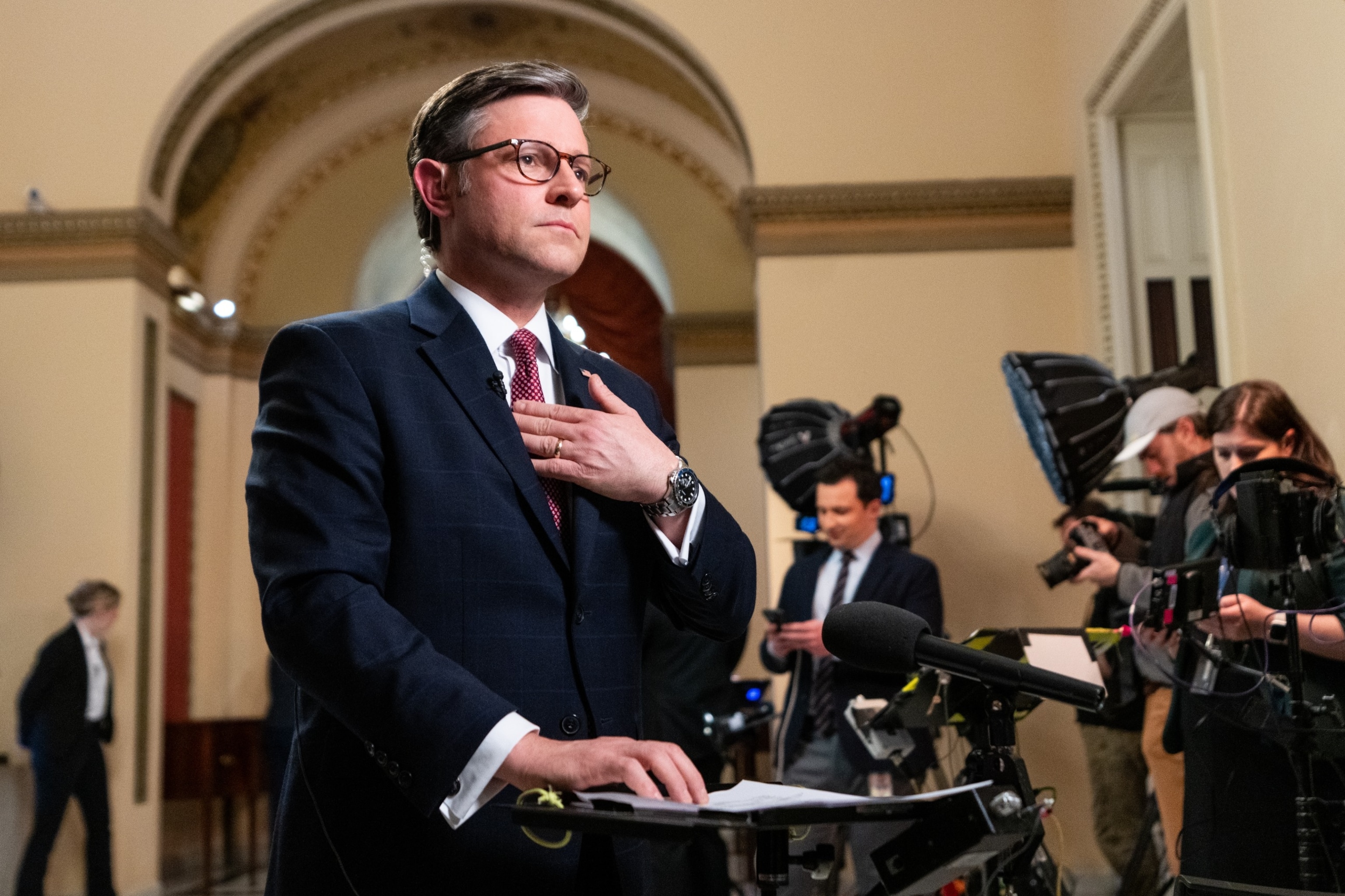 PHOTO: Speaker of the House Mike Johnson does an interview at the Capitol, April 17, 2024. 