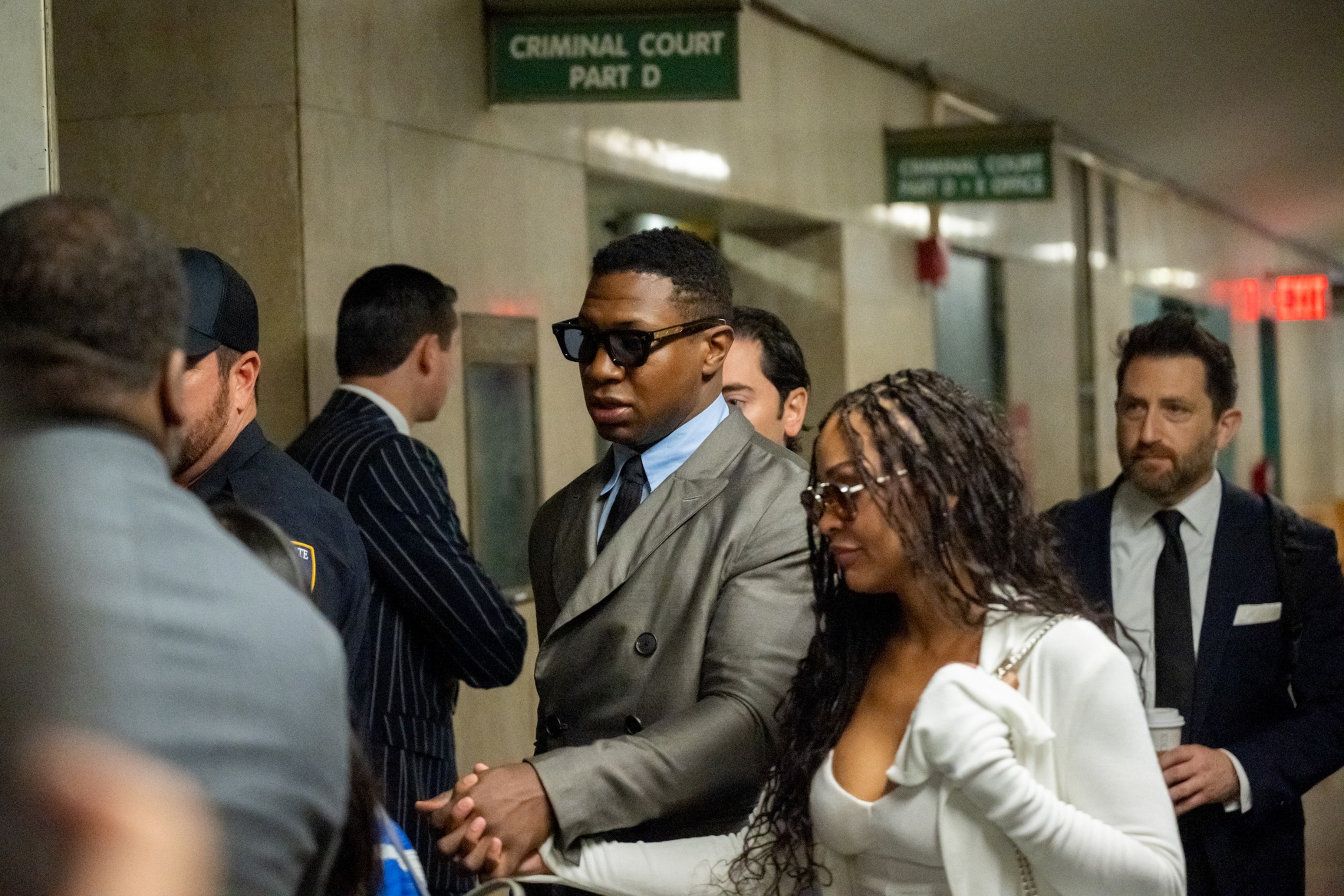 PHOTO: In this Aug. 3, 2023, file photo, Jonathan Majors, and his girlfriend, Meagan Good, arrive to Manhattan Criminal Court for his pre-trial hearing in New York.