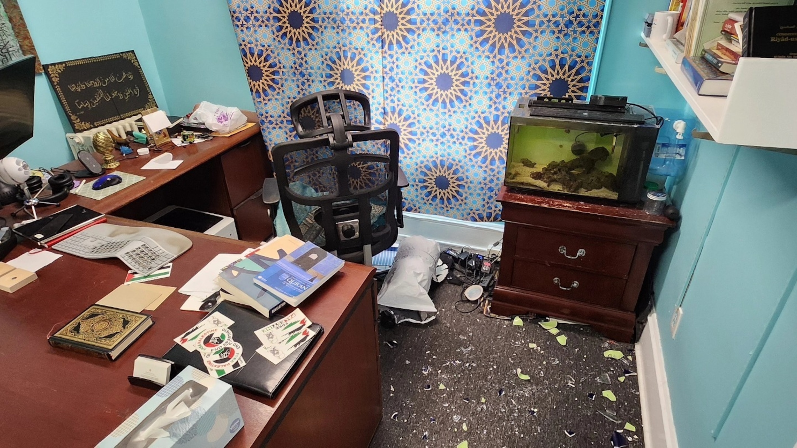 PHOTO: Broken vases, religious art and artifacts are seen in an office inside the Center for Islamic Life at Rutgers University following a break-in.