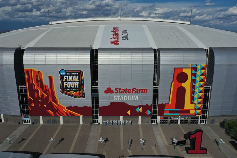 GLENDALE, ARIZONA - MARCH 26: In an aerial view, State Farm Stadium is shown ahead of the NCAA Men's Final Four Tournament on March 26, 2024 in Glendale, Arizona. The men's Final Four starts April 6. (Photo by Christian Petersen/Getty Images)