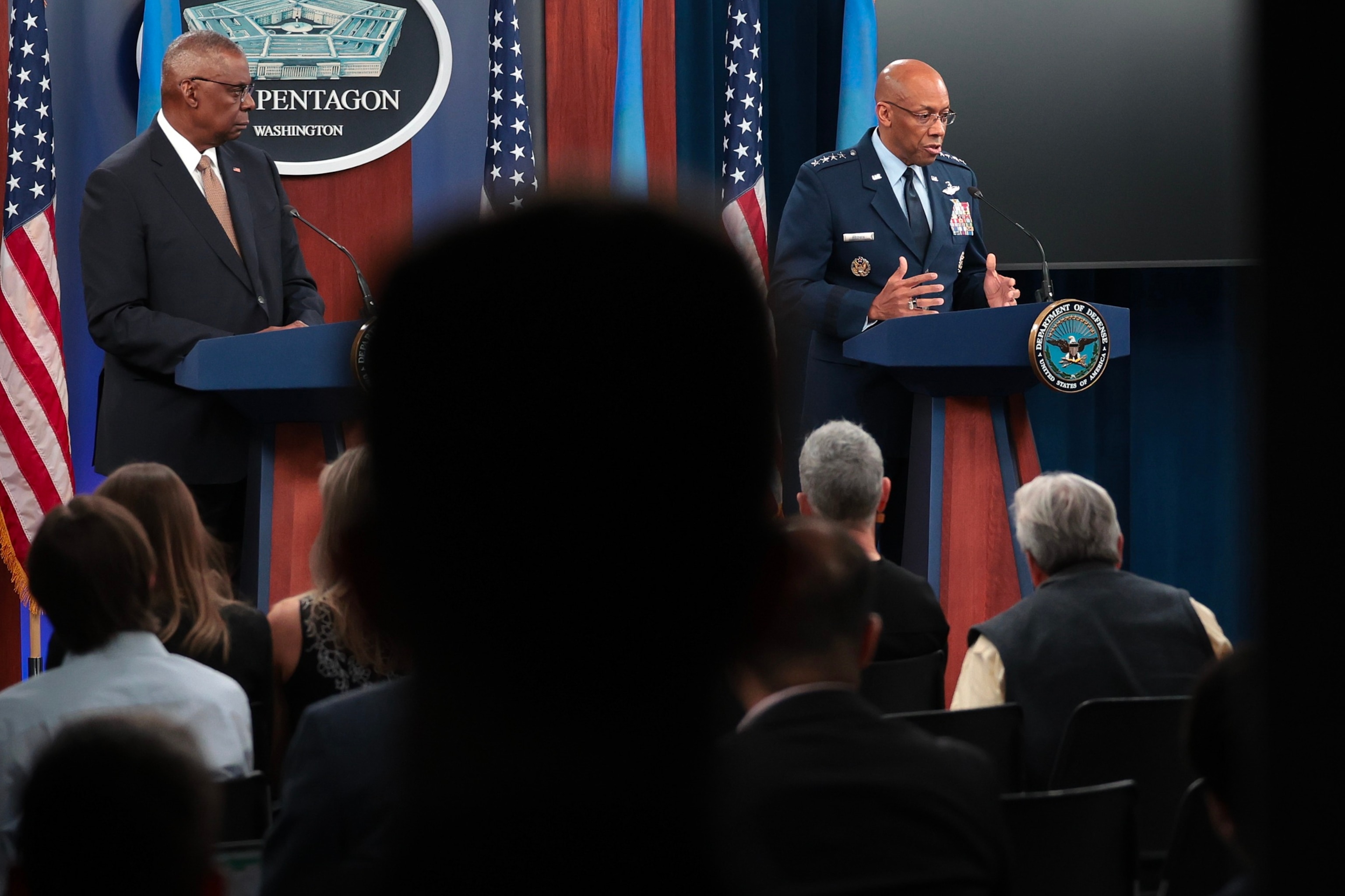 PHOTO: U.S. Secretary of Defense Lloyd Austin (C) and Chairman of the Joint Chiefs of Staff Gen. C. Q. Brown, Jr (R) answer questions during a press briefing at the Pentagon April 26, 2024 in Arlington.