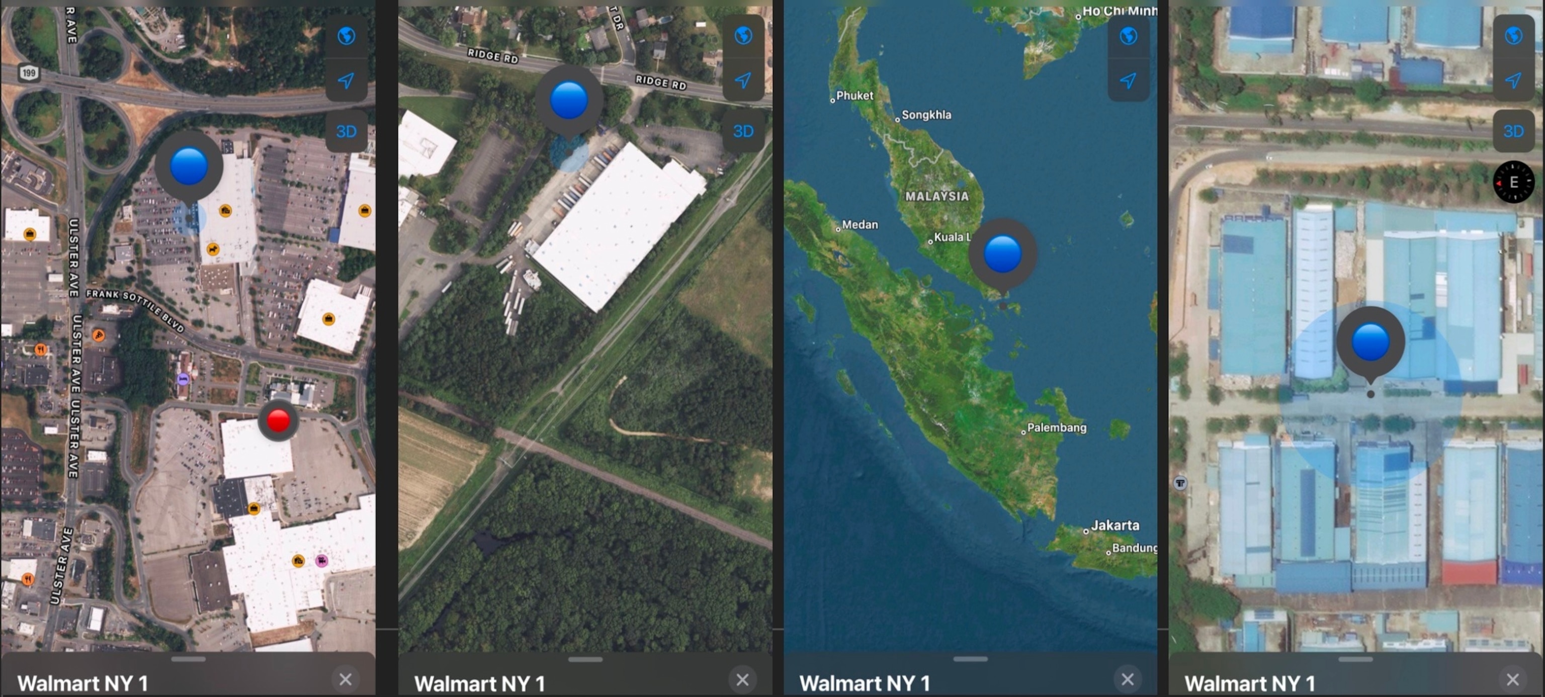 PHOTO: The locations of a plastic bag tracker deployed by ABC News at a Walmart in Kingston, New York, until the tracker’s final known location, which pinged inside an industrial park that houses three affiliated plastic facilities in Batam, Indonesia.