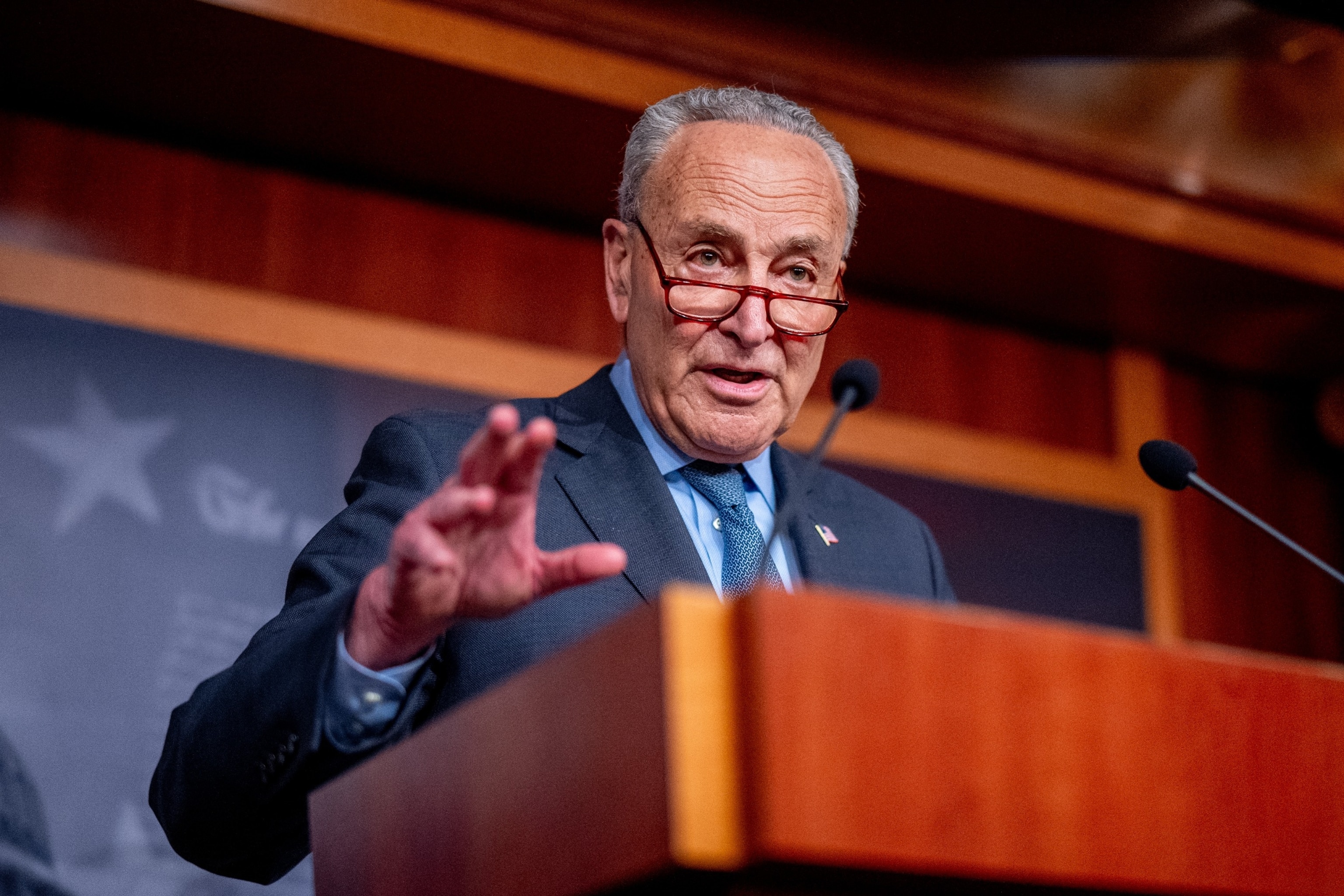 PHOTO: Senate Majority Leader Chuck Schumer (D-NY) speaks to members of the media after impeachment proceedings against Secretary of Homeland Security Alejandro Mayorkas conclude on Capitol Hill on April 17, 2024 in Washington, DC. 