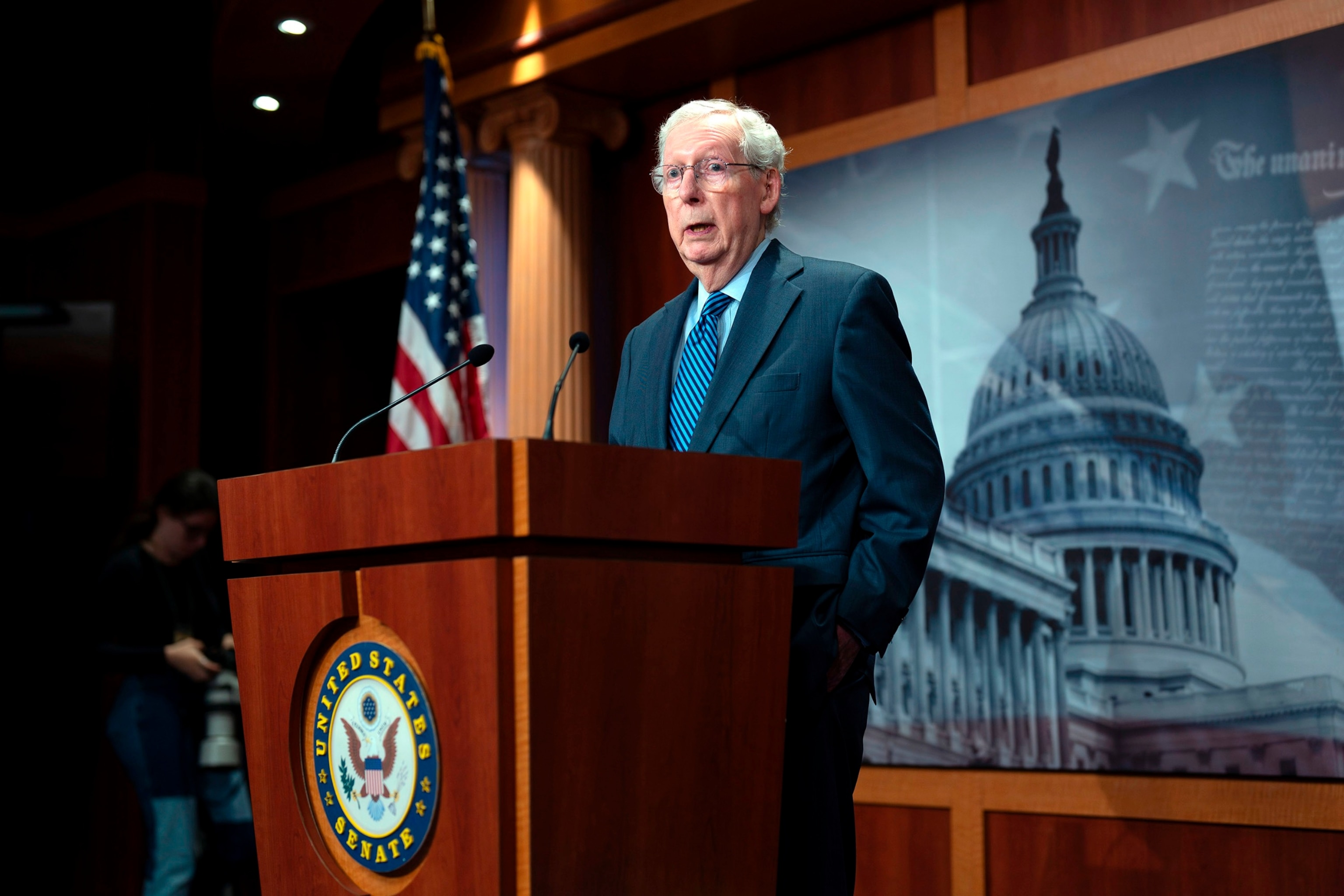 PHOTO: Senate Minority Leader Mitch McConnell praises support for Ukraine as the Senate is on track to pass $95 billion in war aid to Ukraine, Israel and Taiwan, at the Capitol in Washington, D.C., on April 23, 2024.