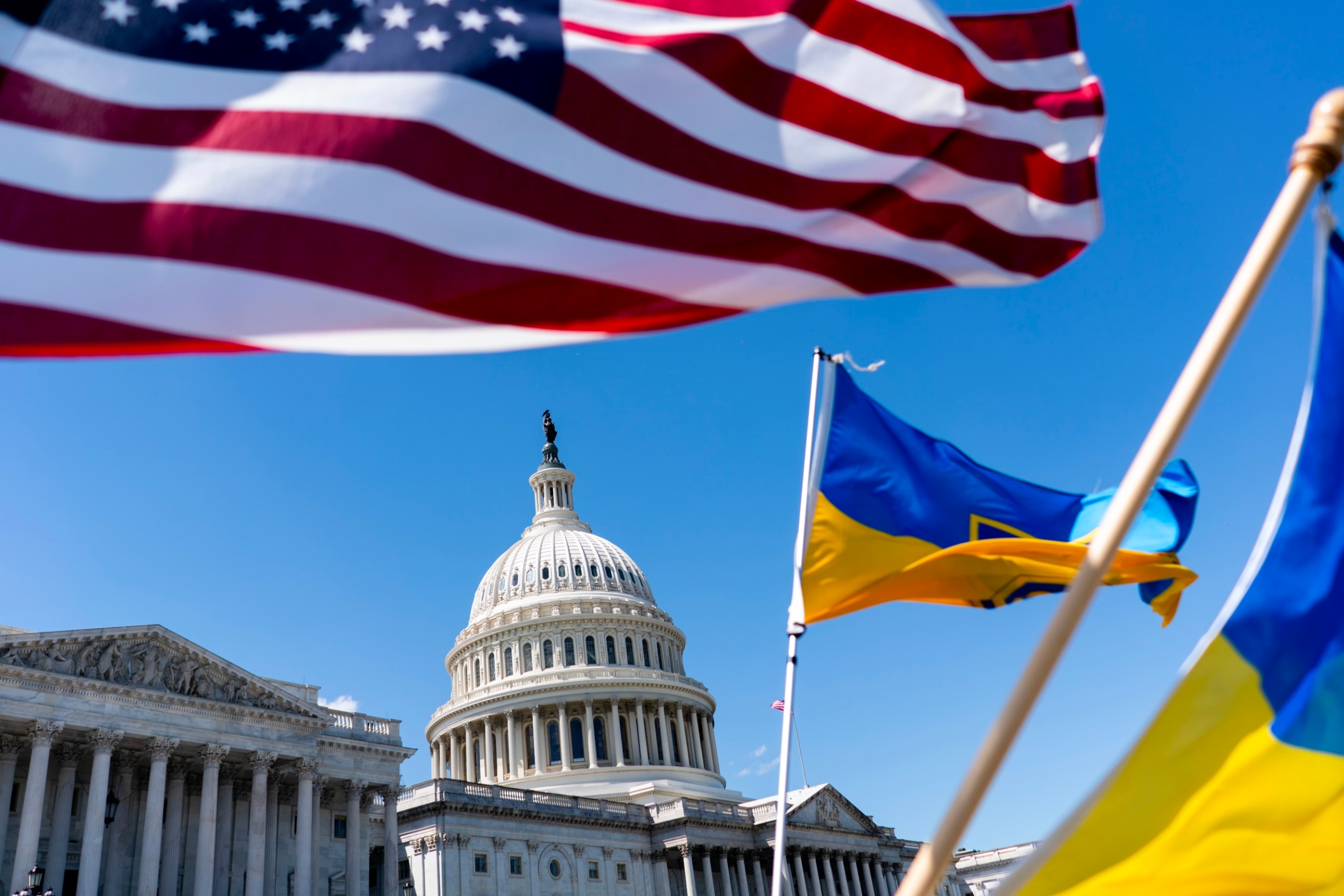 PHOTO: American and Ukrainian flags fly near the U.S. Capitol on April 20, 2024 in Washington, DC. The House is passed a $95 billion foreign aid package today for Ukraine, Israel and Taiwan.