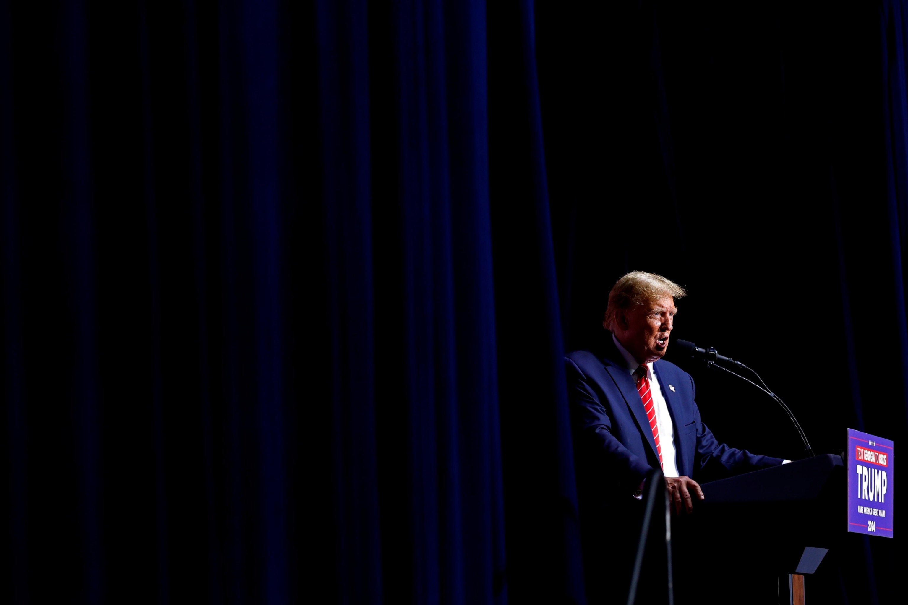 PHOTO: Republican presidential candidate and former President Donald Trump addresses a campaign rally at the Forum River Center March 9, 2024 in Rome, Ga.