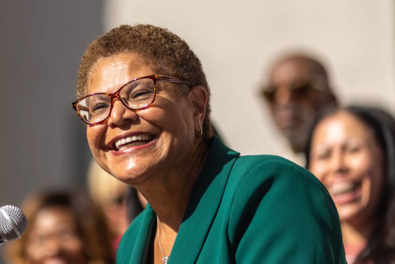 LOS ANGELES, CA - NOVEMBER 17: Los Angeles Mayor-elect Karen Bass addresses a news conference after her L.A. mayoral election win on November 17, 2022 in Los Angeles, California. Congressmember Karen Bass ran a close race against billionaire businessman Rick Caruso. (Photo by David McNew/Getty Images)