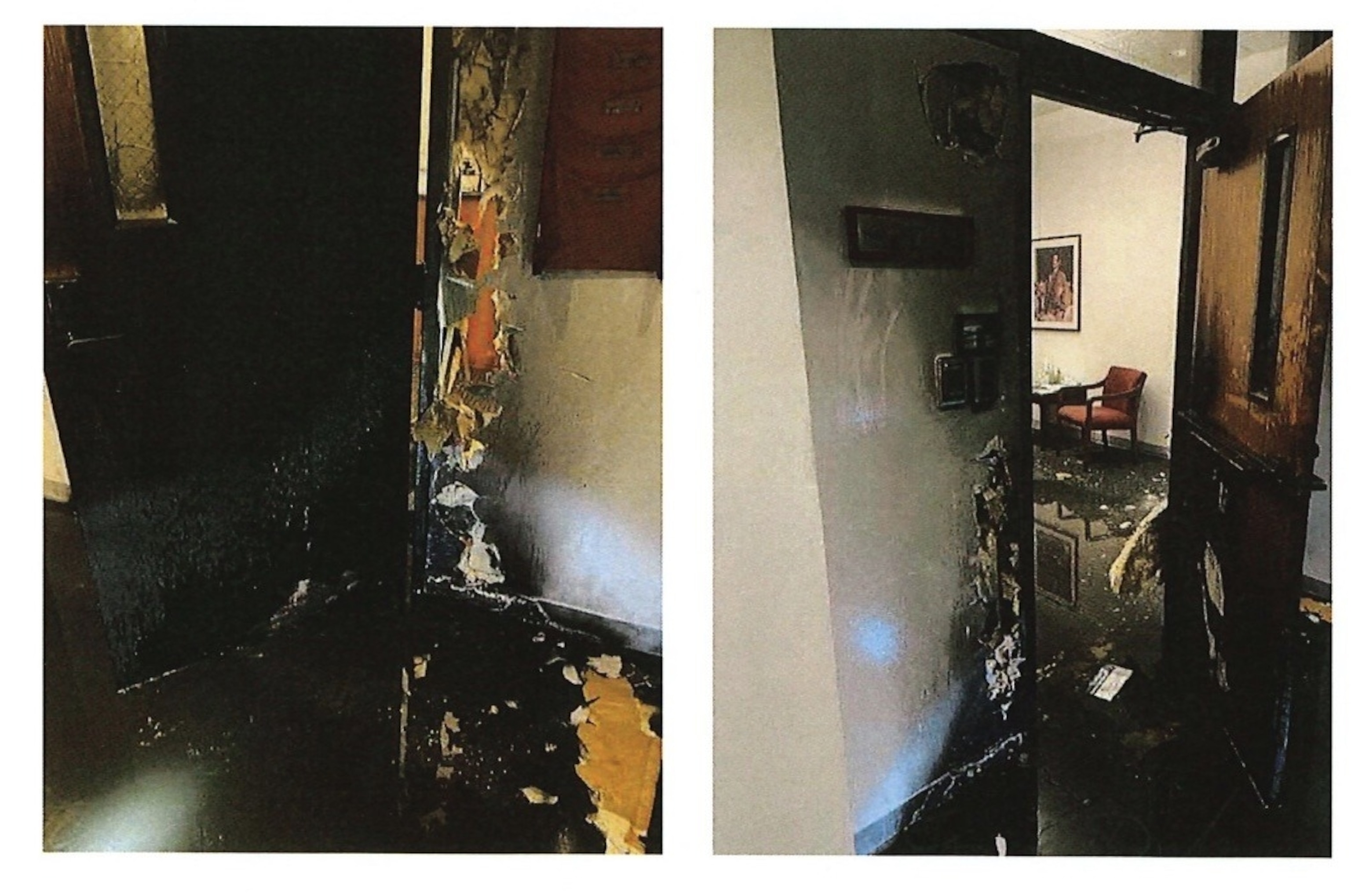 PHOTO: Damage caused to Sen. Bernie Sanders' office door in Burlington, Vermont, on April 5, 2024, is shown in this image released included in a federal criminal complaint filed against suspect Shant Michael Soghomonian, 35.