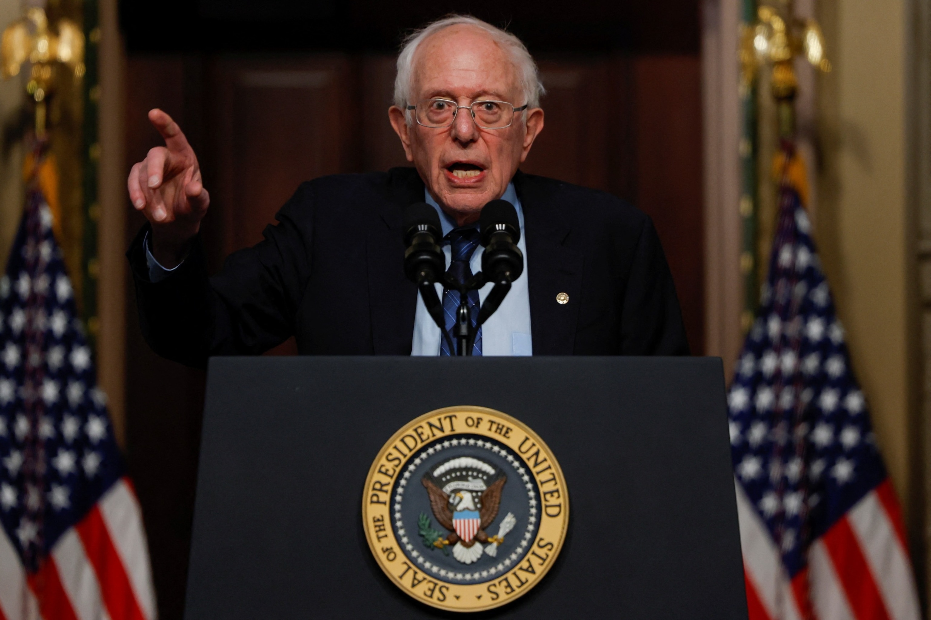 PHOTO: Senator Bernie Sanders gestures while delivering remarks on lowering healthcare costs at the White House complex in Washington, D.C., April, 3, 2024. 