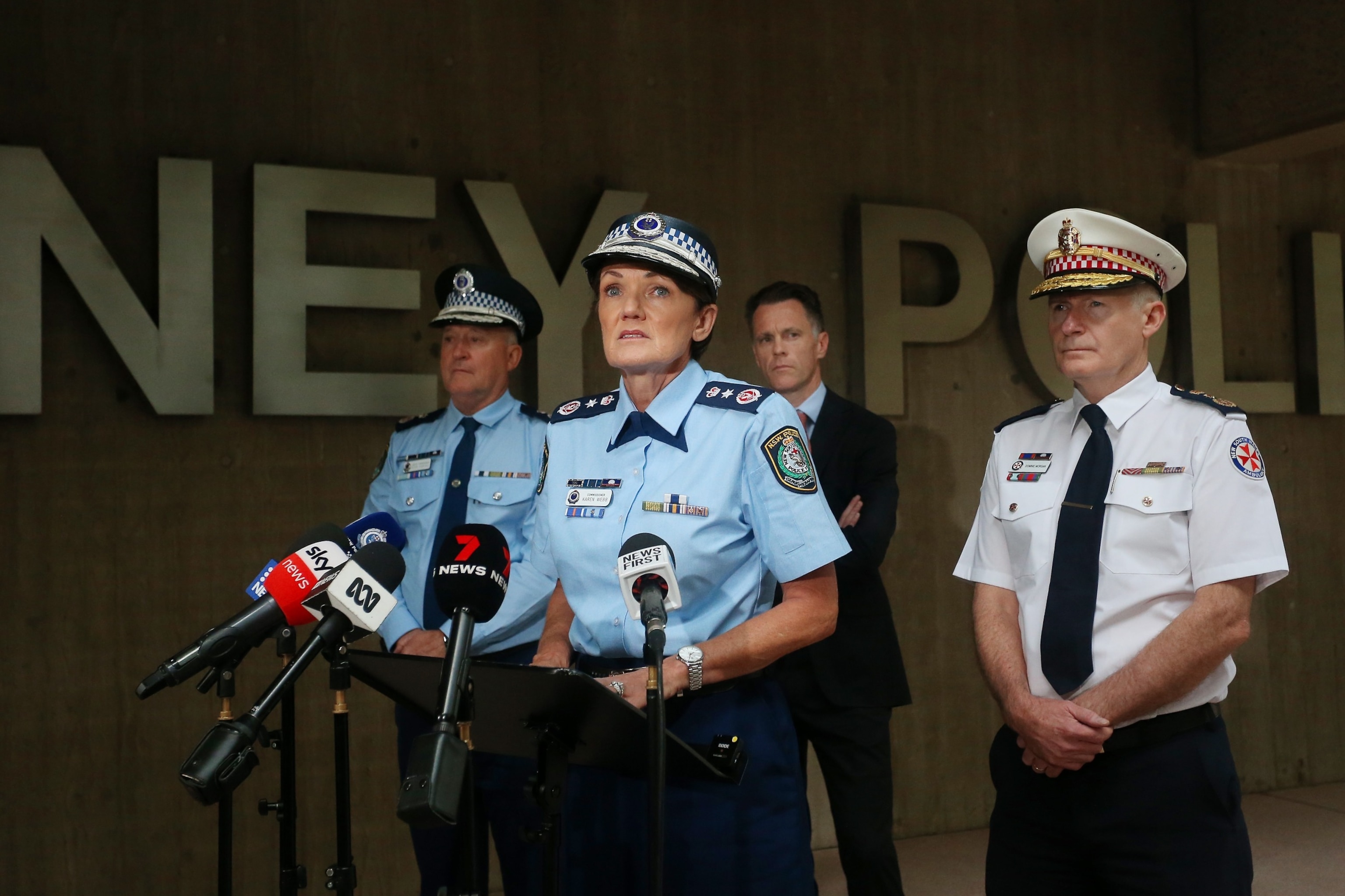 PHOTO: NSW Police Commissioner Karen Webb, Premier of NSW Chris Minns, NSW Deputy Police Commissioner Peter Thurtell and Ambulance Commissioner Dominic Morgan hold a press conference on April 16, 2024 in Sydney, Australia. 