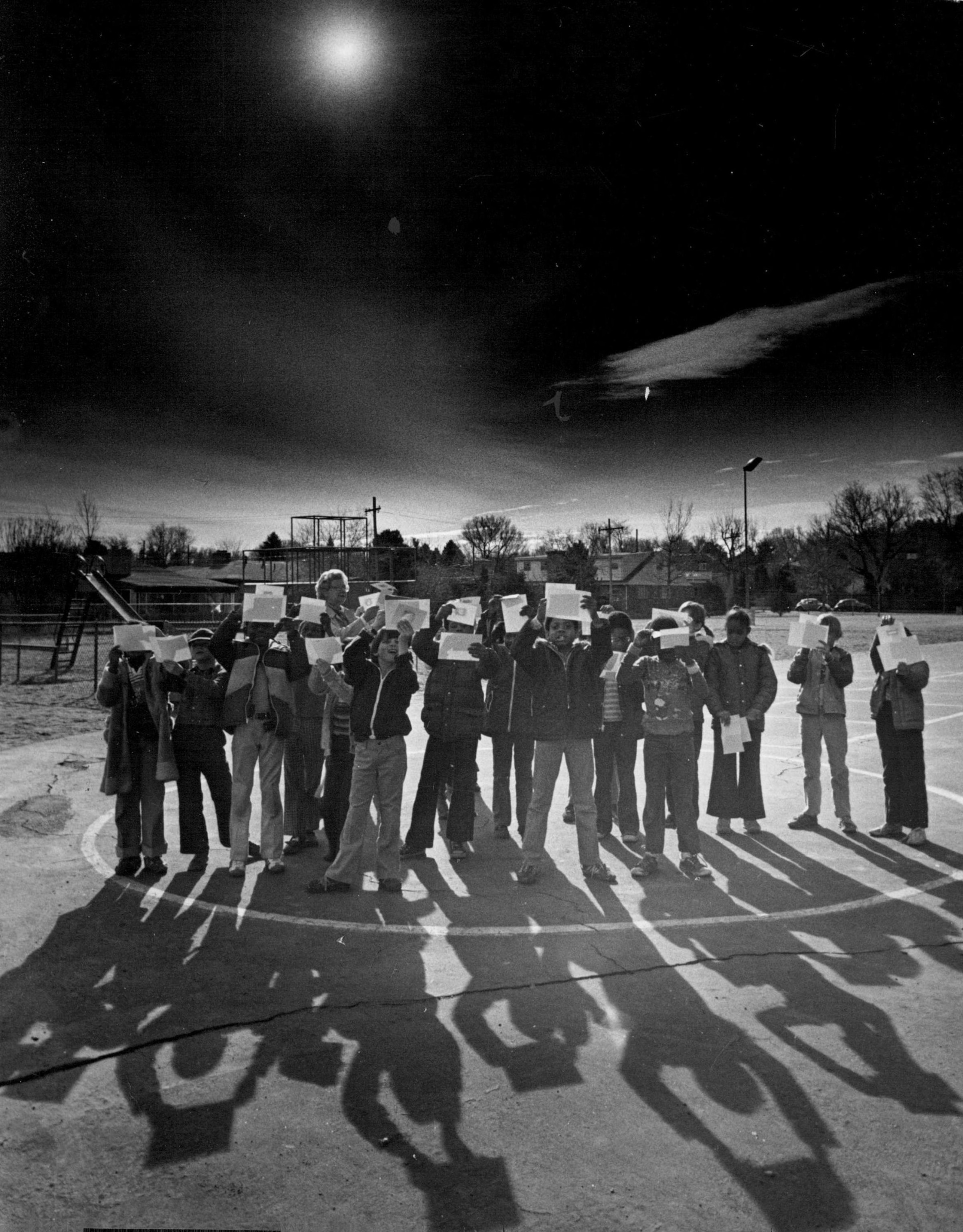 PHOTO: Pupils at Stephen Knight School view the solar eclipse in Dencer, CO, Feb. 26, 1979.