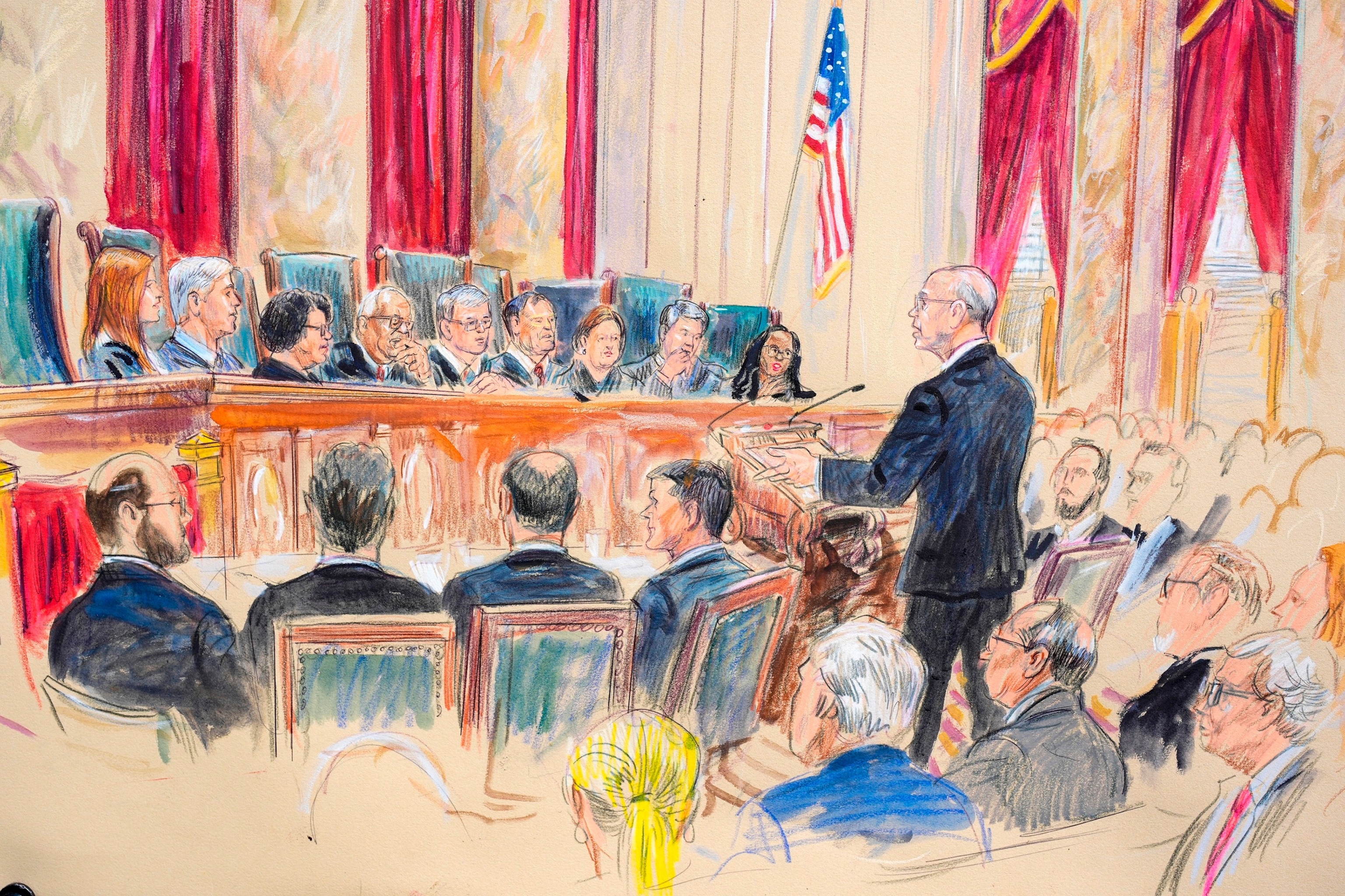 PHOTO: This artist sketch depicts Michael Dreeben, counselor to Special Counsel Jack Smith as he argues before the Supreme Court in Washington, Apr. 25, 2024. 