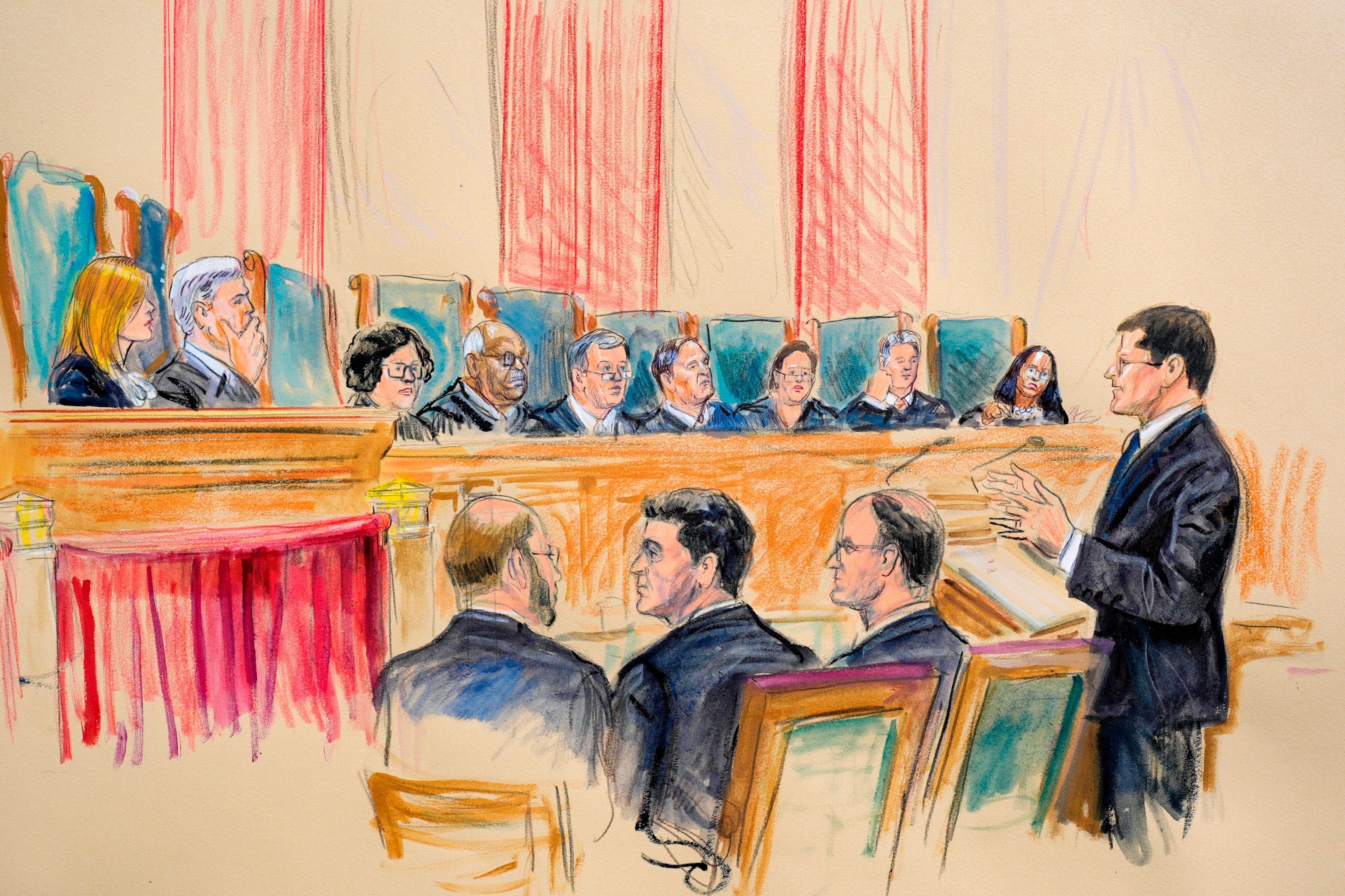 PHOTO: The artist sketch depicts former President Donald Trump's attorney John Sauer speaking before the Supreme Court in Washington, Apr. 25, 2024. 