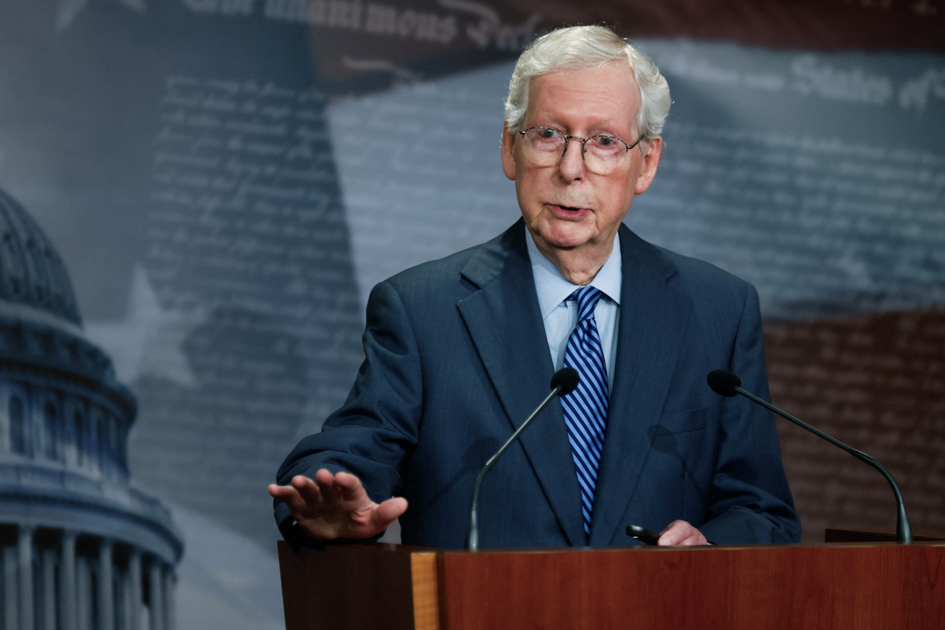 PHOTO: Senate Minority Leader Mitch McConnell speaks during a press conference as the U.S. Senate begins consideration of a $95 billion Ukraine-Israel aid package, on Capitol Hill, April 23, 2024. 