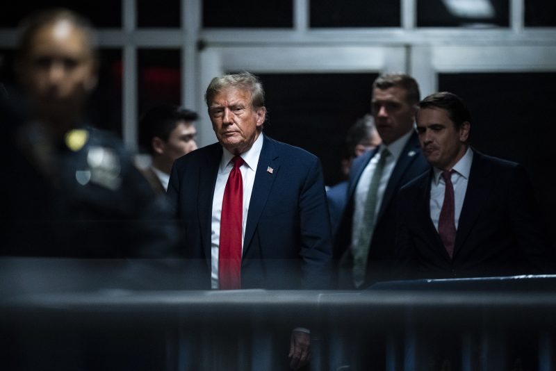 NEW YORK, NEW YORK - APRIL 15: Former U.S. President Donald Trump walks out of the courtroom following the first day of jury selection at Manhattan Criminal Court on April 15, 2024 in New York City. Former President Donald Trump faces 34 felony counts of falsifying business records in the first of his criminal cases to go to trial. (Photo by Jabin Botsford-Pool/Getty Images)