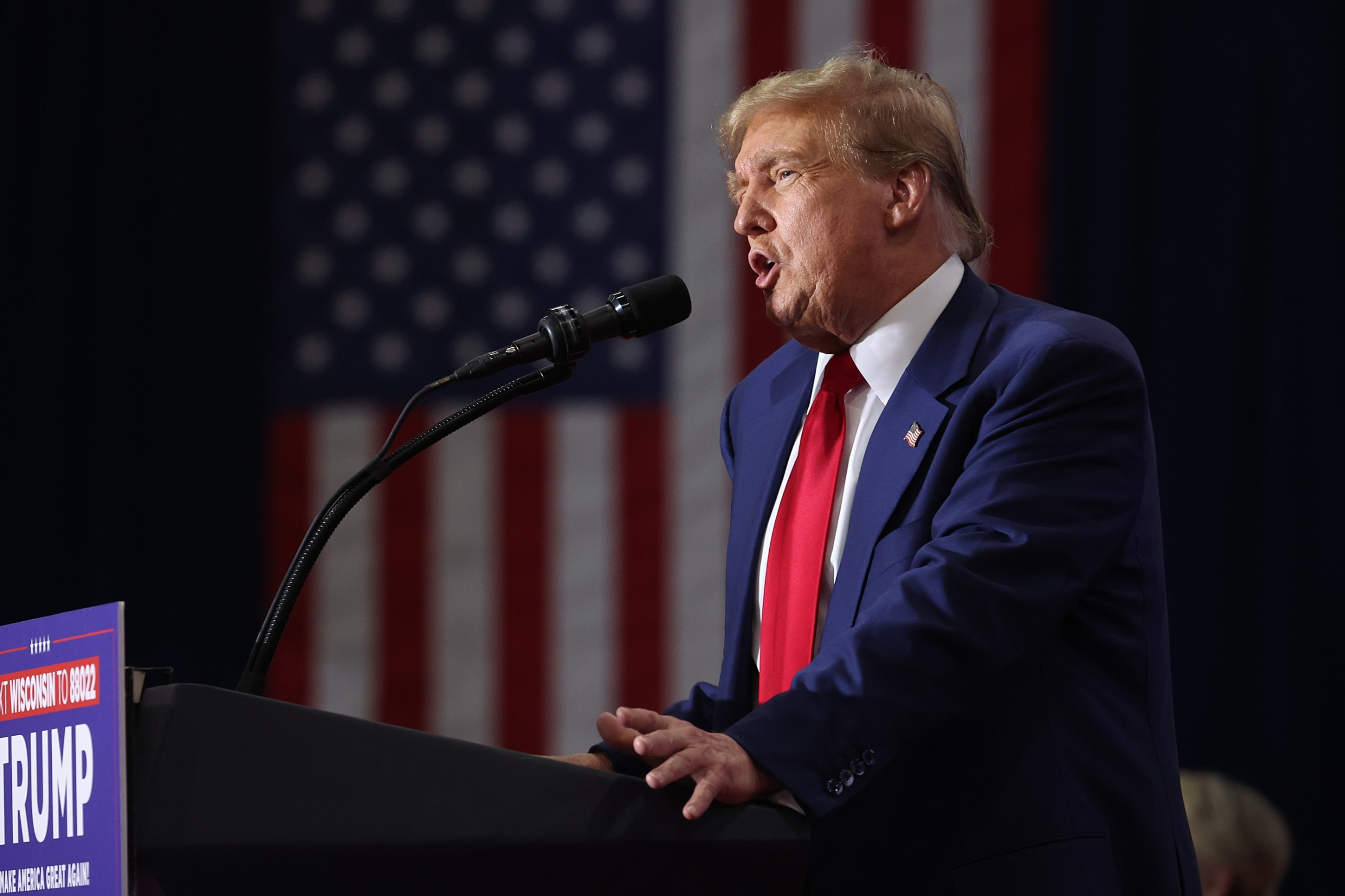 PHOTO: Former President Donald Trump speaks to guests at a rally, April 2, 2024, in Green Bay, Wis.