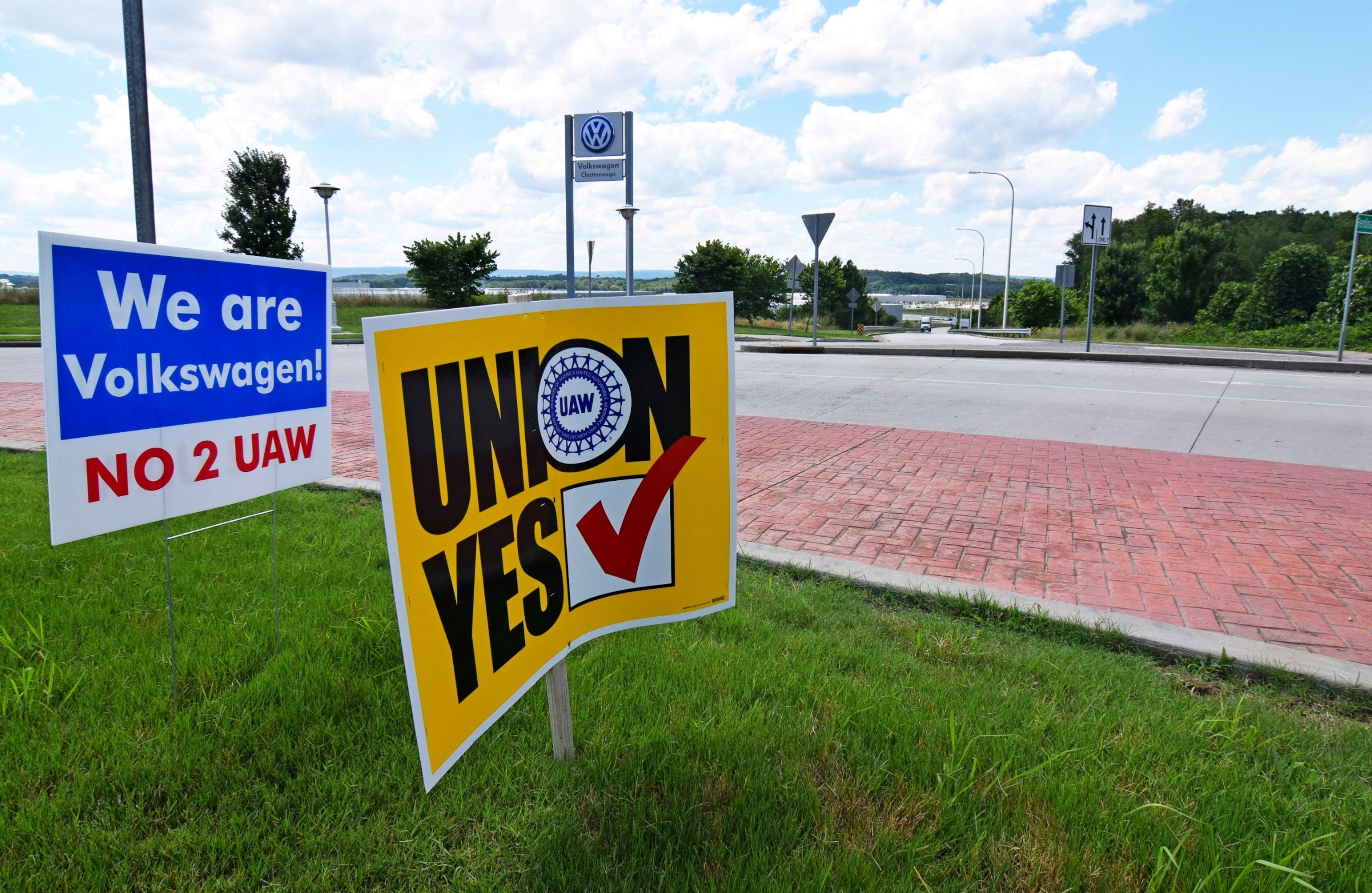 PHOTO: In this file photo, signs stand outside a Volkswagen plant during a vote among local workers over whether or not to be represented by the United Auto Workers union in Chattanooga, TN, June 13, 2019. 
