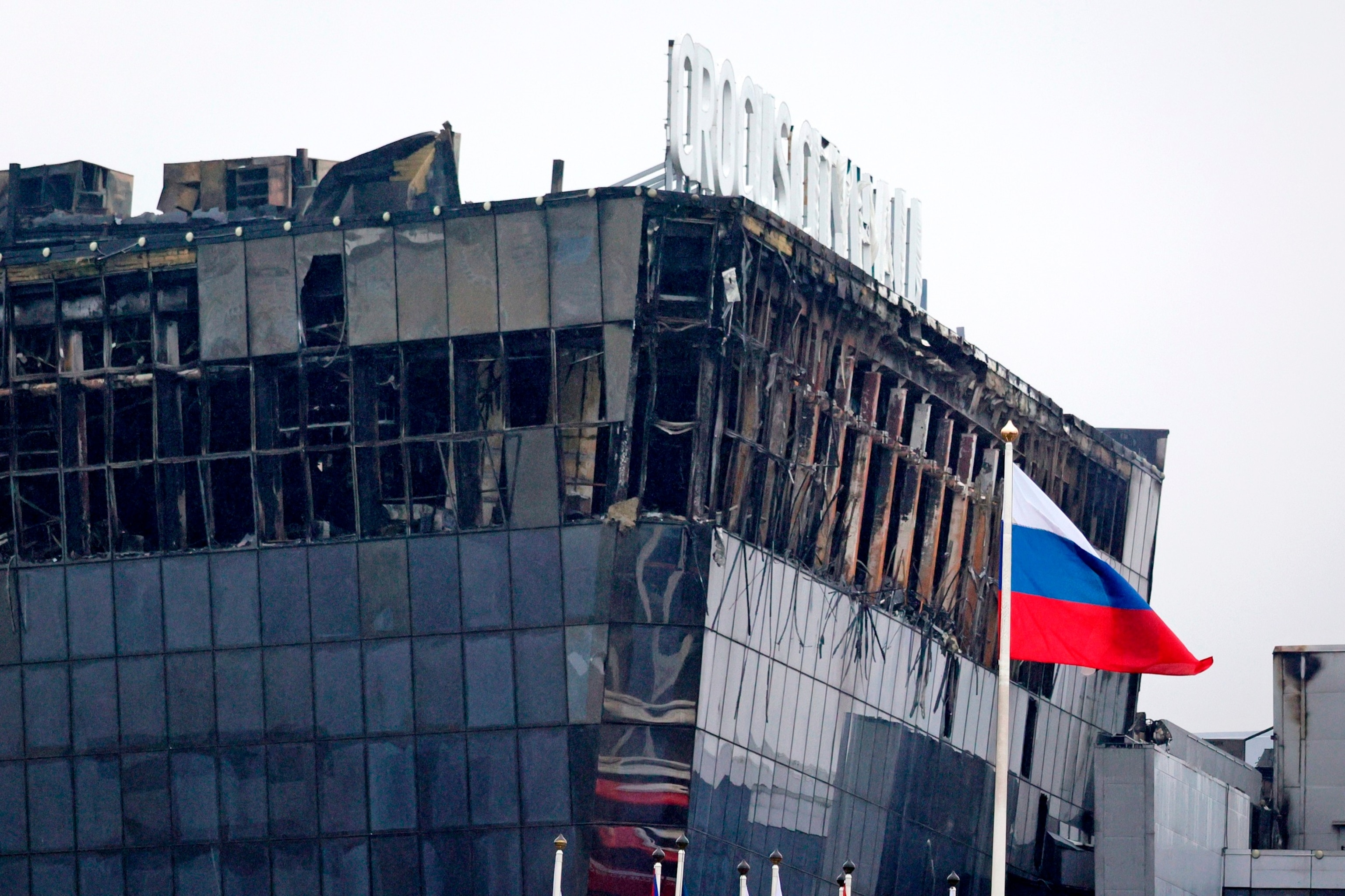 PHOTO: A view of the Crocus City Hall burned after an attack is seen on the western edge of Moscow, on March 23, 2024. 